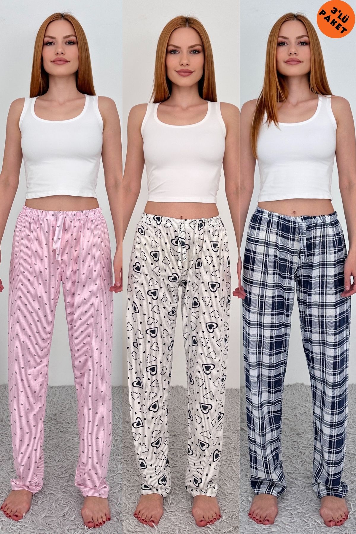 Oyga 3'lü Kadın Süprem Nefes Alan Kumaş Baskılı Cepsiz Rahat Ev Giyim Pijama Altı