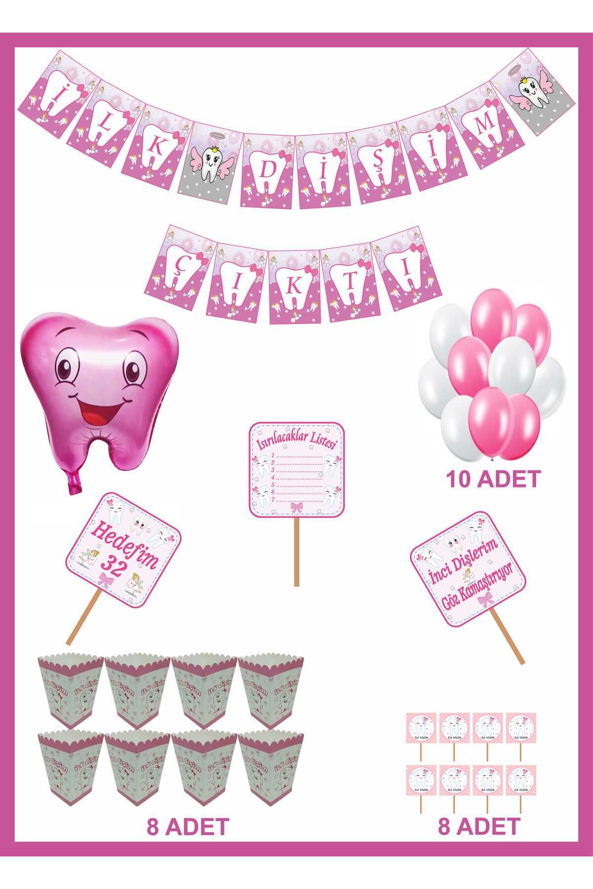 motto party İlk Dişim Diş Buğdayı Flama Pankart Mısır Kutusu Sunum Kürdanı ve Balon Seti Pembe