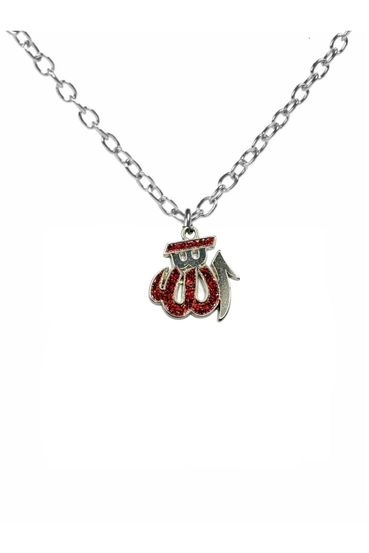 Herşey Nota Allah Yazılı Kırmızı Taşlı Kolye – Zamak Kaplama Metal – 60 cm Zincirli