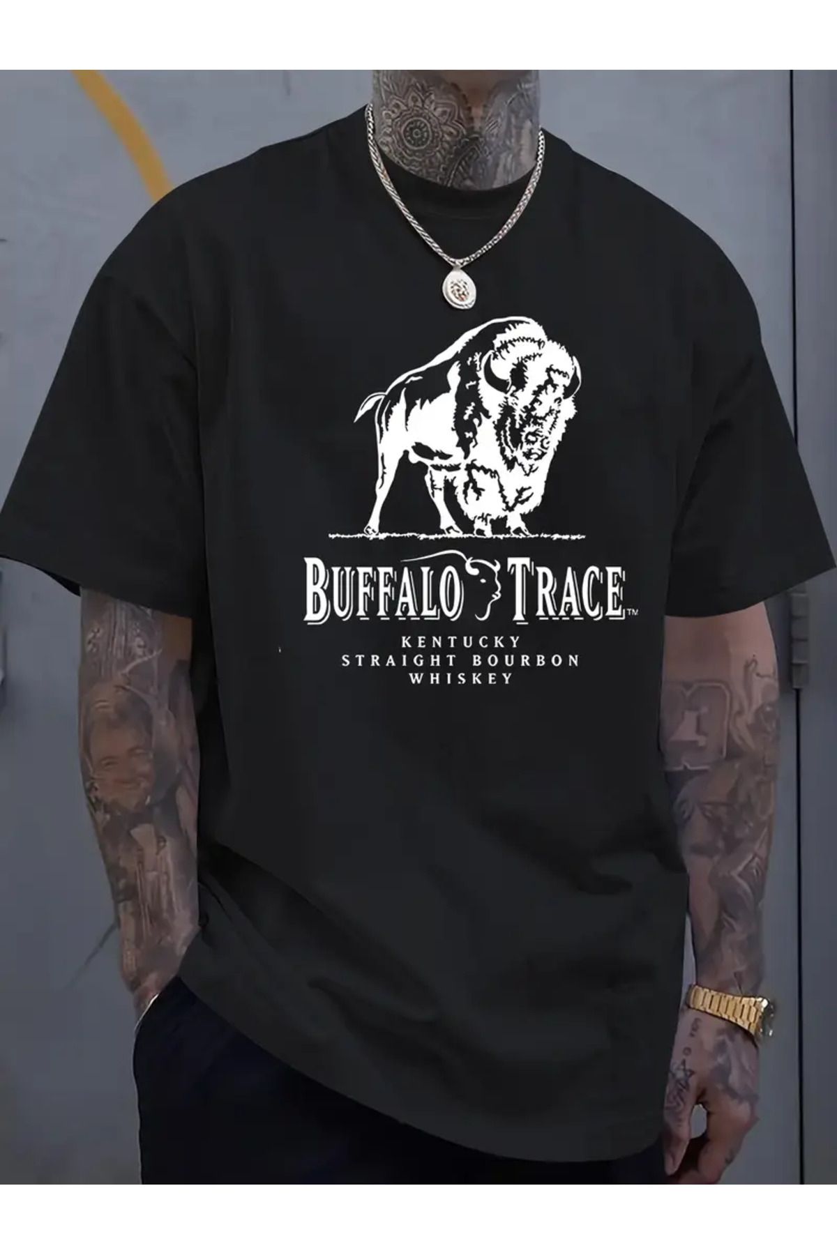 AEMİ Unisex Buffalo Trace Baskılı Oversize Bisiklet Yaka T-shirt