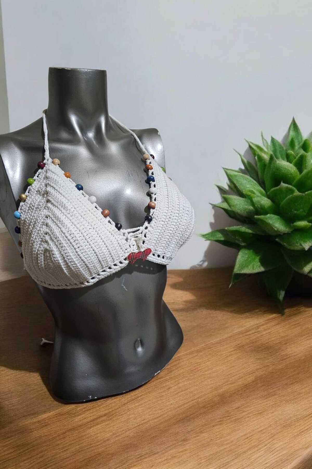 Örgü Sanatı DilekÇak El Örgüsü Ahşap Boncuklu Bikini Üstü