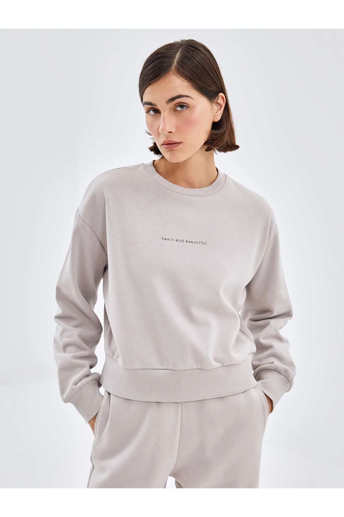 LC Waikiki Bisiklet Yaka Baskılı Oversize Kadın Kalın Sweatshirt