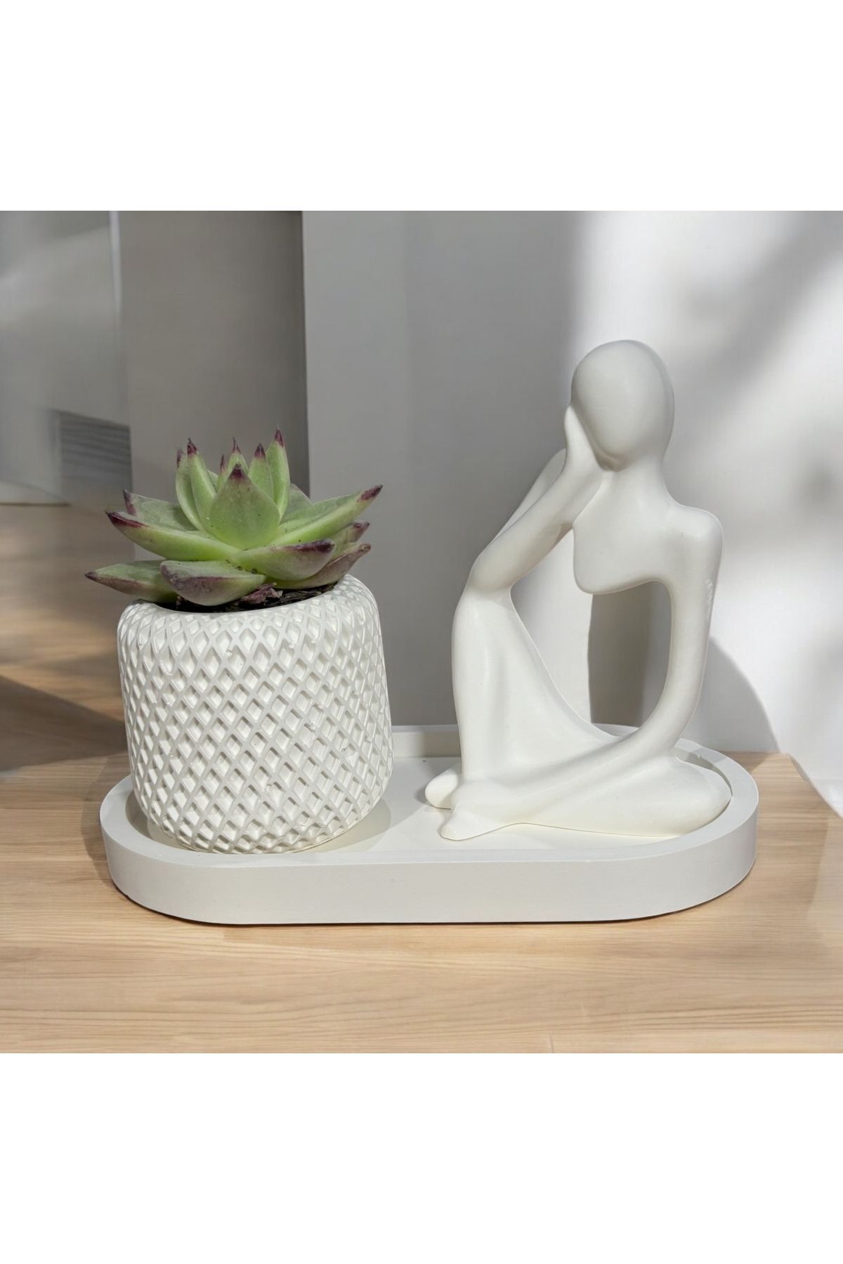 SerenityHaven Düşünen Adam, Desenli Sukulent Saksı ve Tabağı 3' lü Set