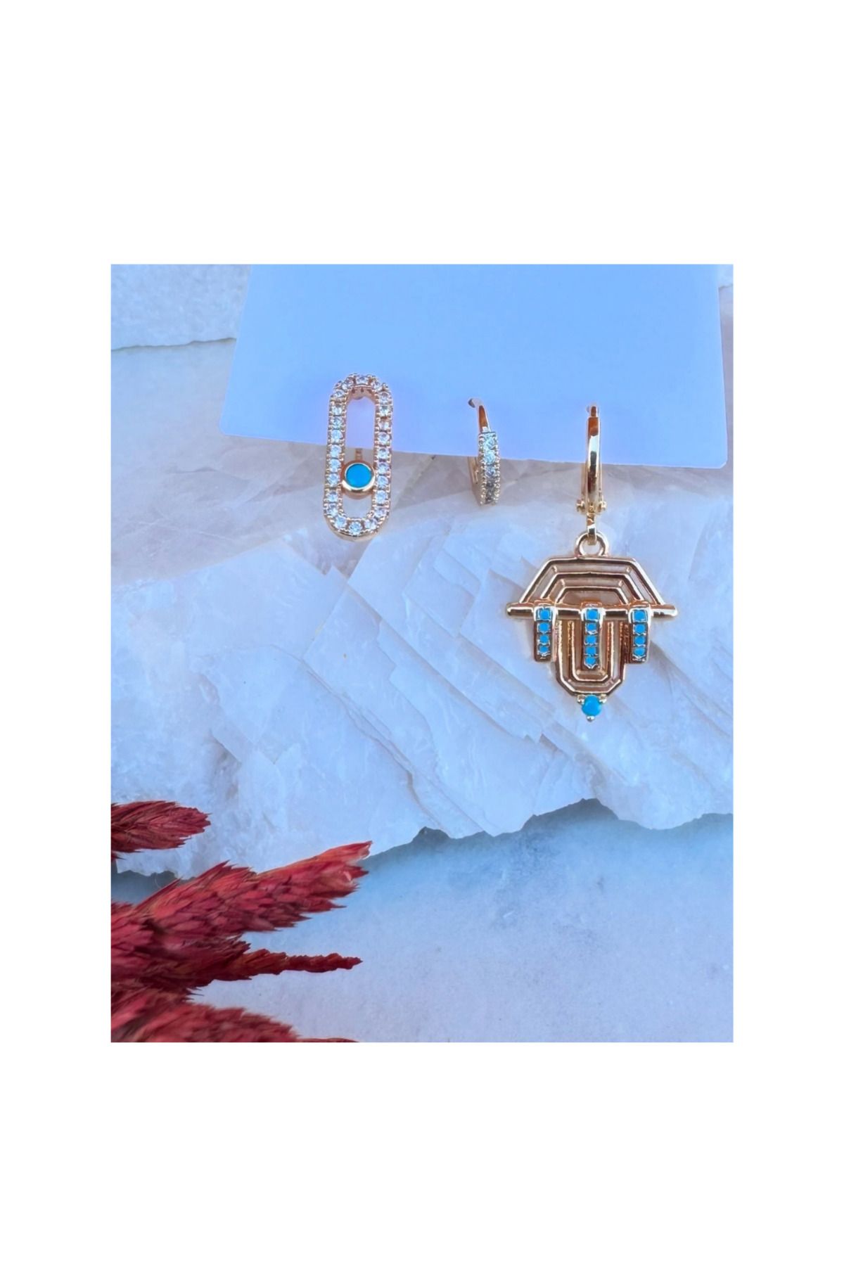 NFS BUTİK Zirkon Taşlı & Minimal 3 lü Set Çelik Küpe