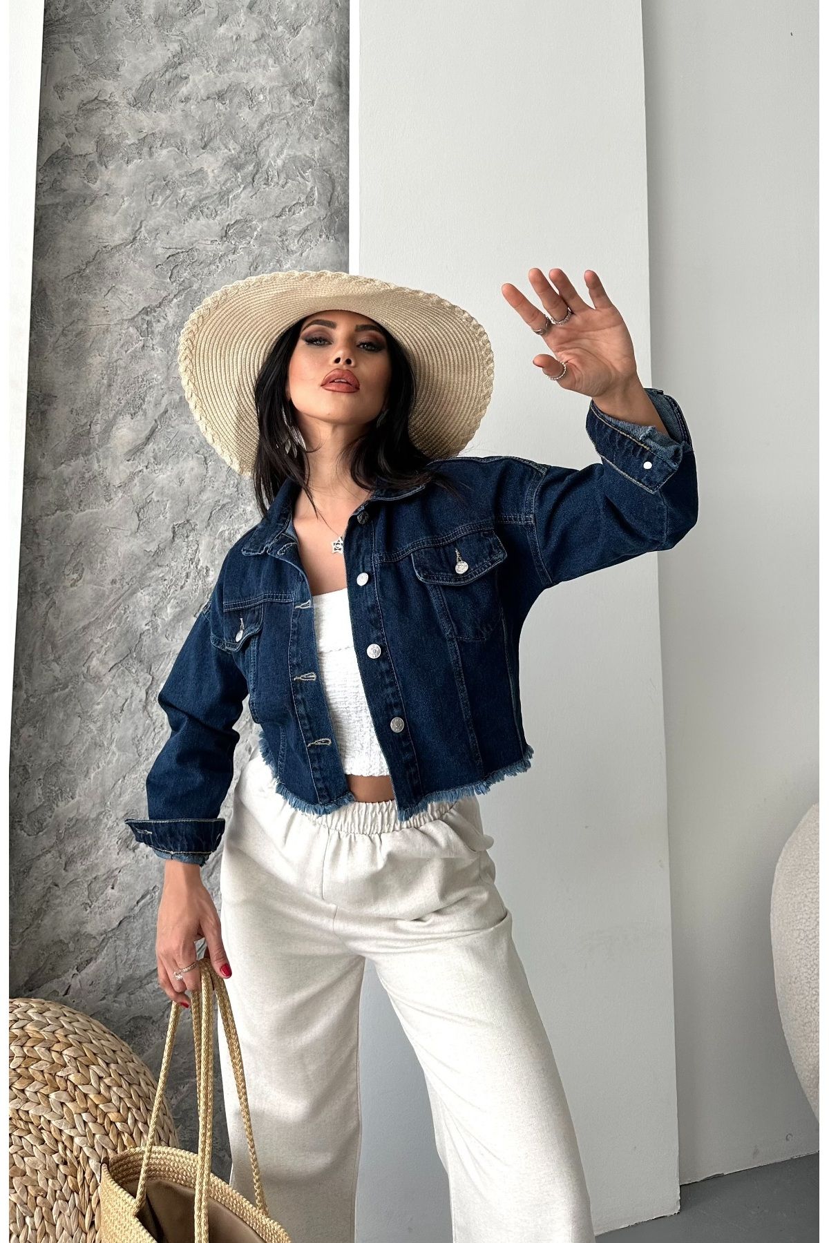 DESTEMODA Kadın Çift Kapaklı Lazer Kesim Crop Kot Ceket Koyu Mavi 4501