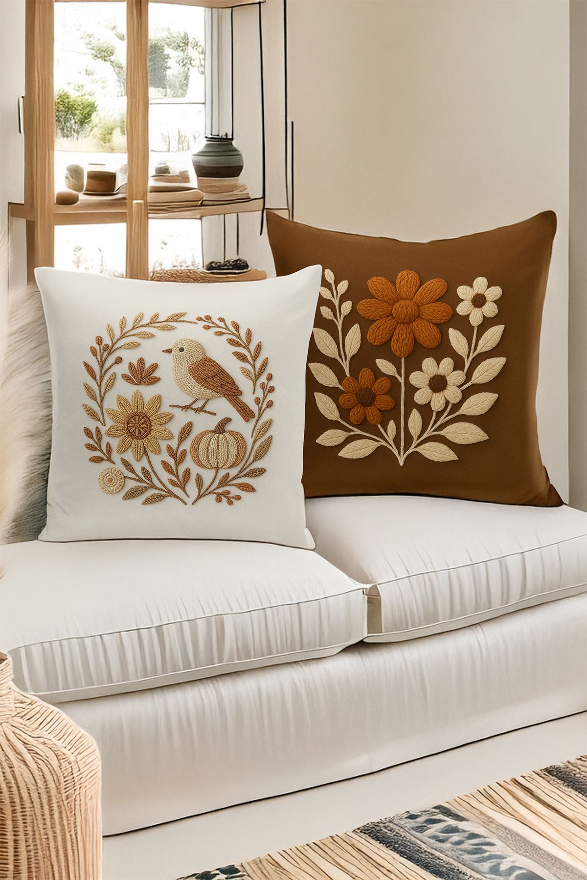 Bertille Home Çift Tarafı Dijital Baskılı 4'lü Kırlent Kılıfı Seti (Panç /Punch Nakış Desen Görünümlü)