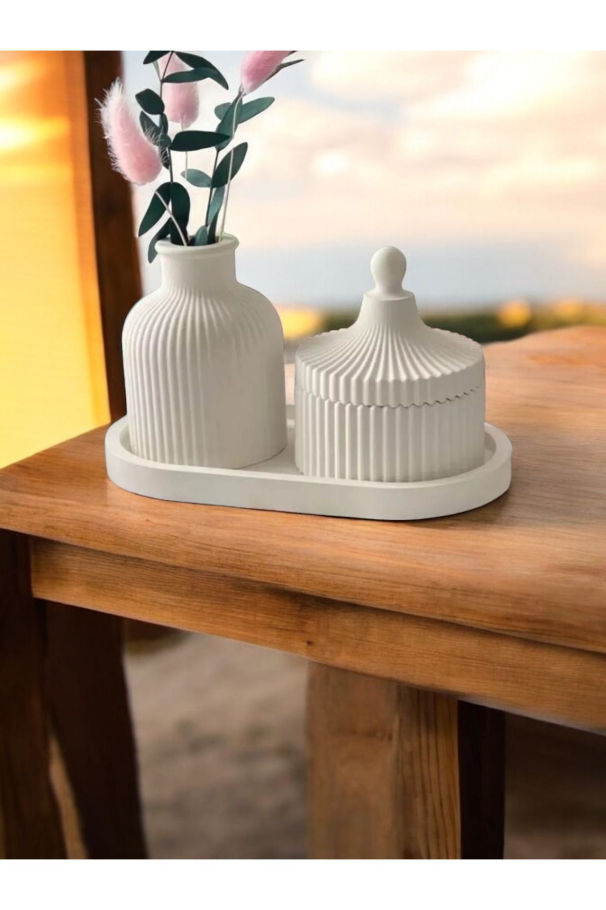 SerenityHaven Dekoratif Stantlı Beyaz Çizgili Vazo ve Dekoratif Kase Set,Hediyelik Set