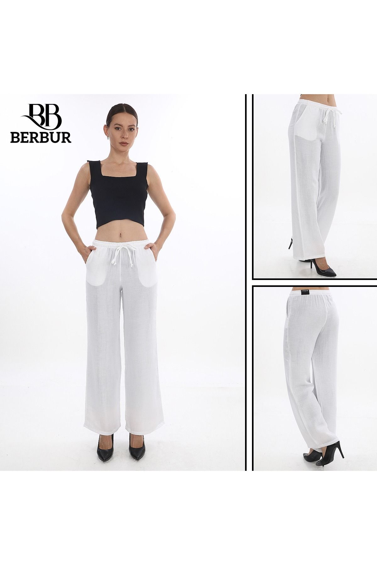 BERBUR STORE Beyaz Bol Kesim Keten Pantolon
