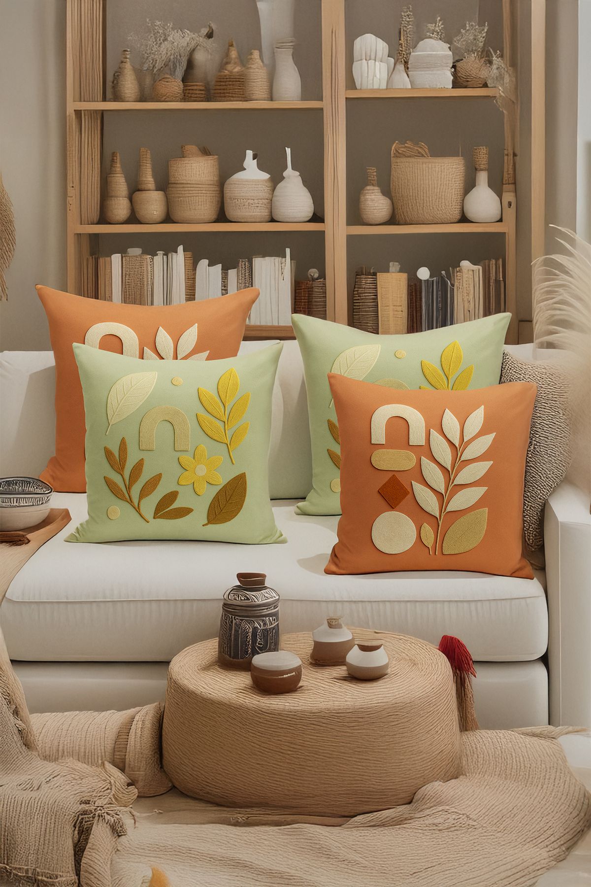 Bertille Home-Double Side Digital Printed Set of 4 Throw Pillow Covers (Punch/Punch Embroidery Pattern Look) 3