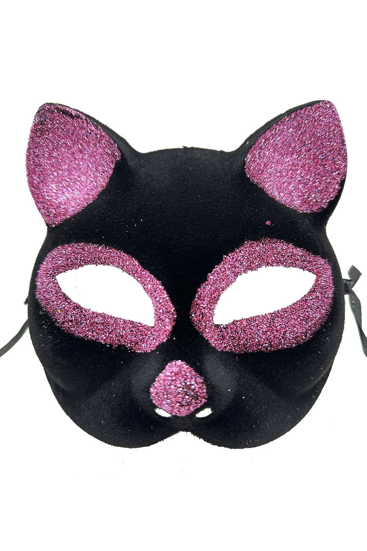 BIGBOYCL Siyah Renk Pembe Simli Süet Kaplama Kedi Maskesi 18X14 Cm