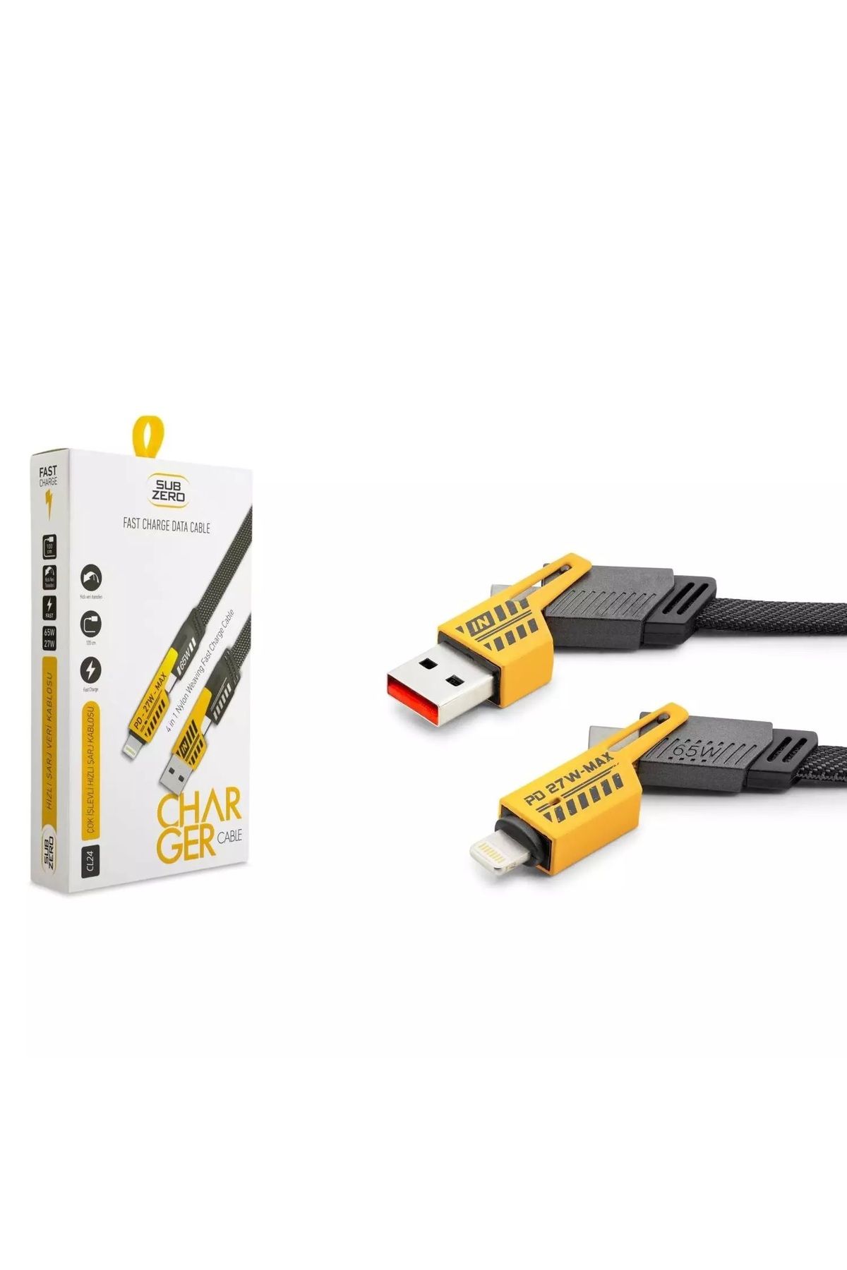 Alışveriş Express CL24 4in1 65W Type-C to USB + 27W Type-C to Lightning Örgülü Hasır Şarj ve Data Kablosu 1.2 mt