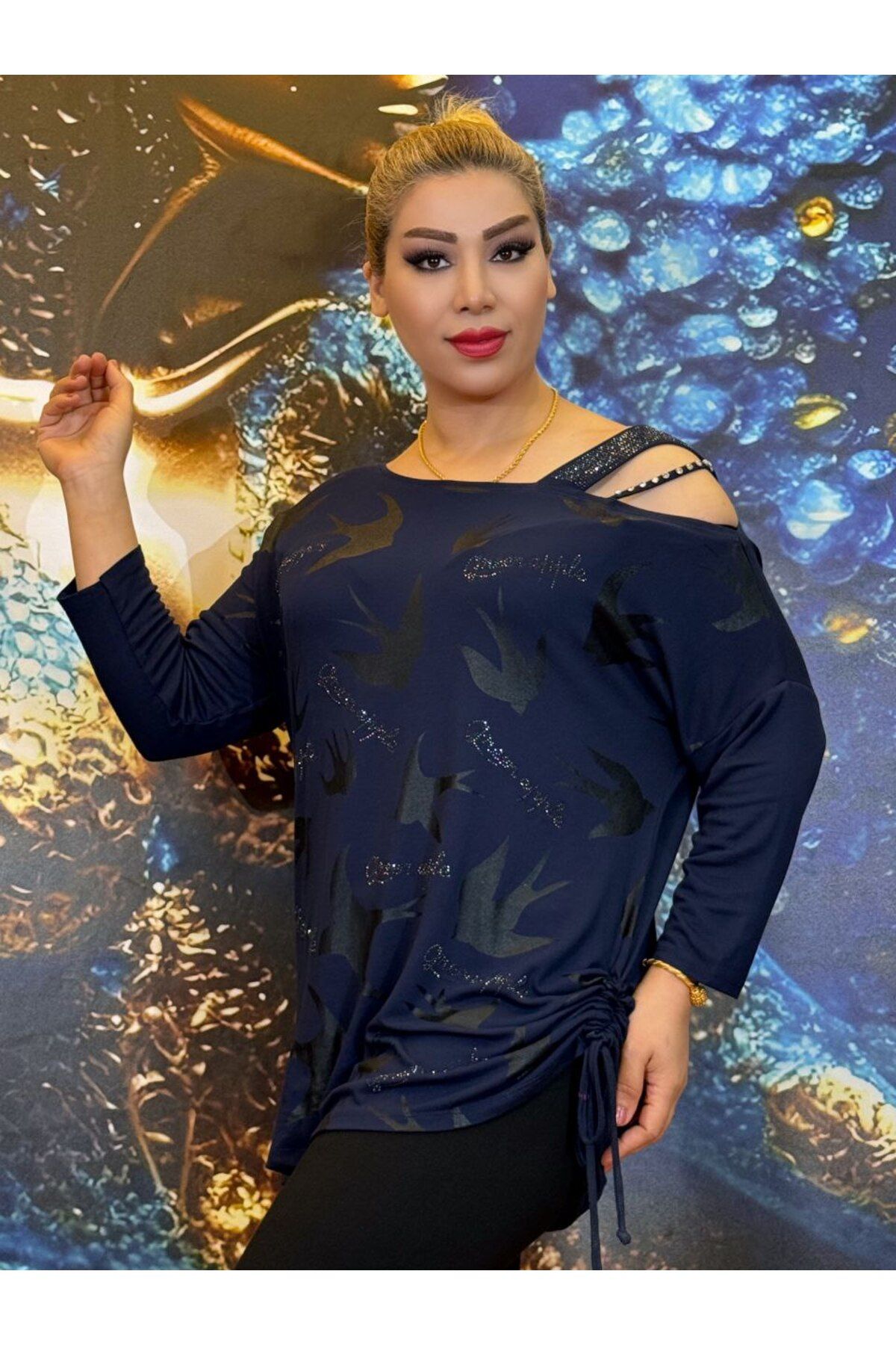 Yeşilmoda bluz,pamuk ipliği,Lacivert,Açık omuz,askılı tek kollu,Yüksek kaliteli,yazlik,Desenli,Boy 70,Günlük