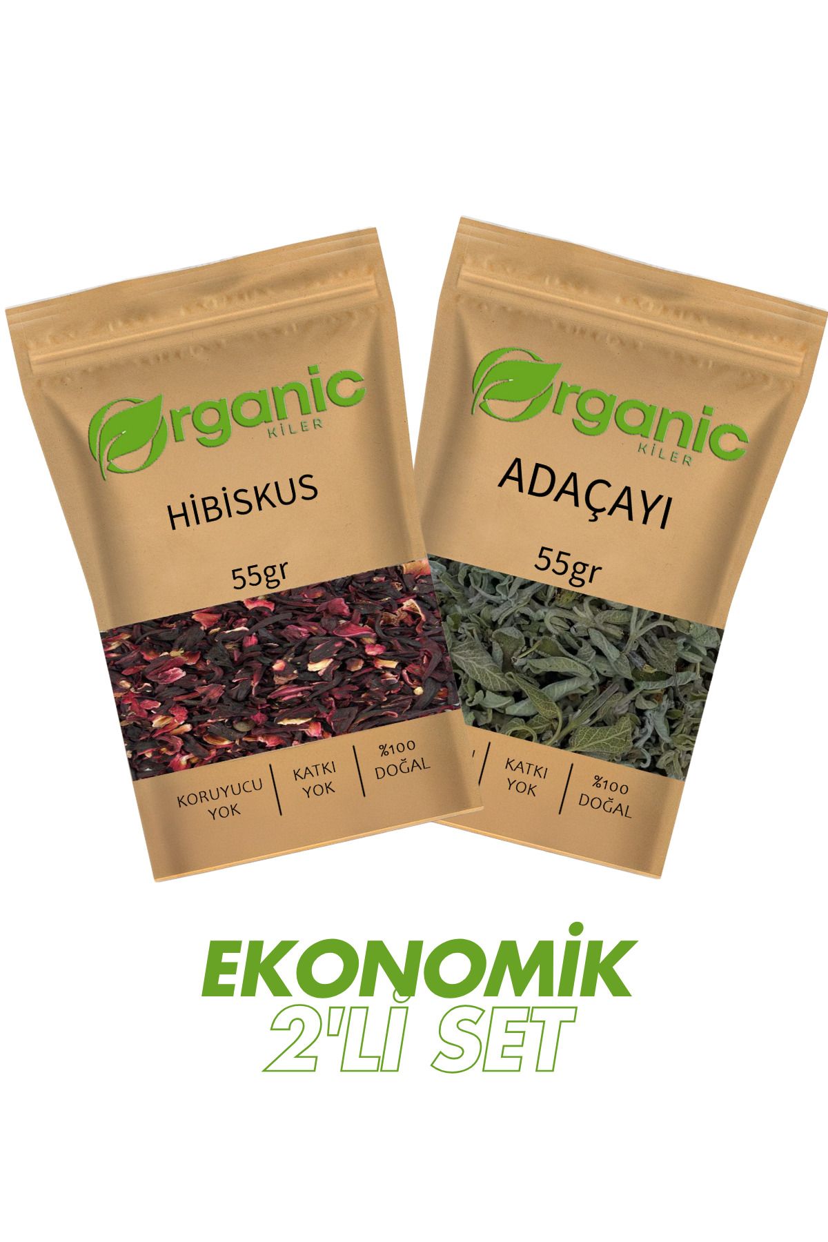 Organic Kiler Doğal Bitki Çayı Seti – 55g Hibiskus + 55g Adaçayı | %100 Katkısız ve Kurutulmuş Bitki