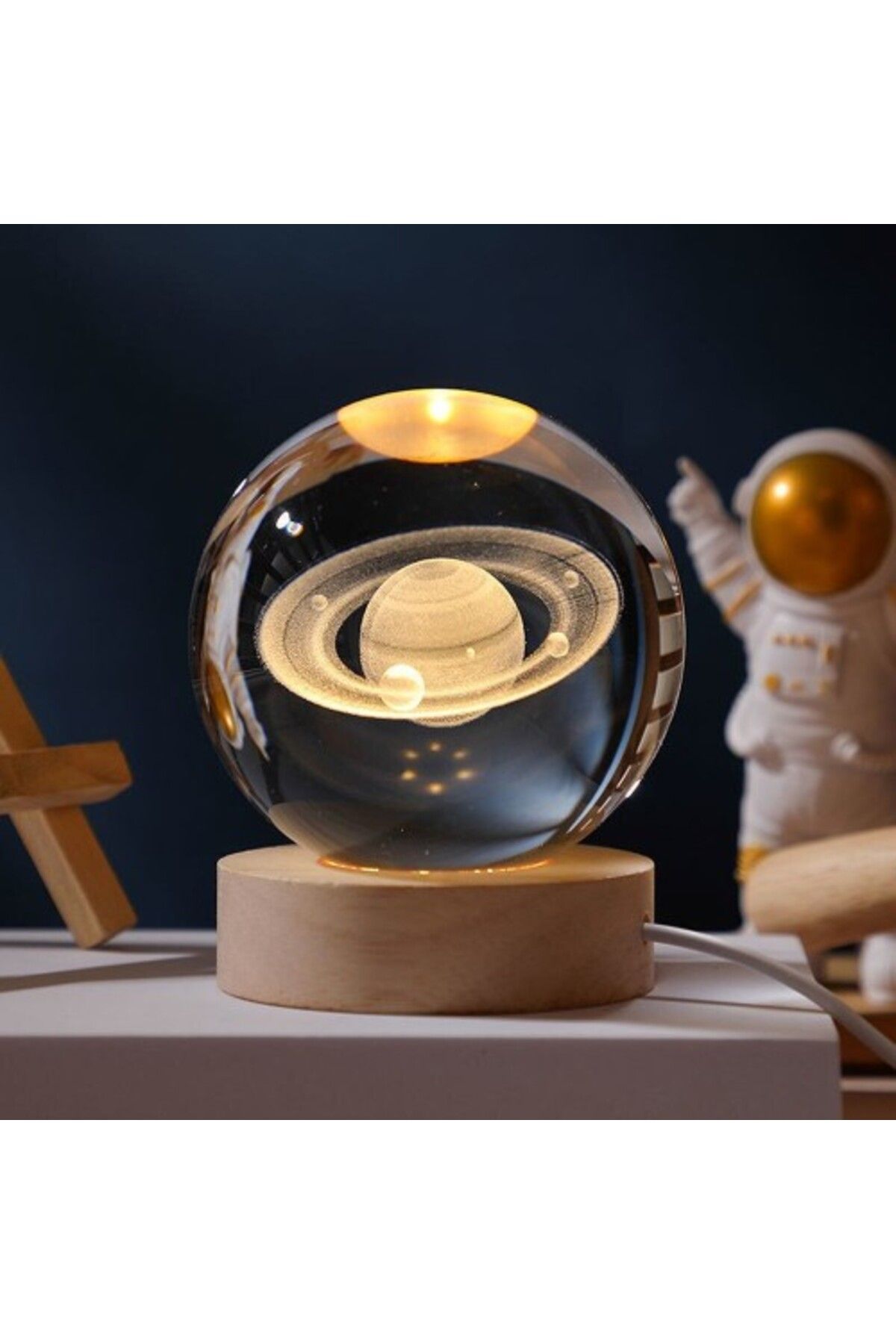 Mu Art Ahşap Işıklı Satürn Gezegen Cam Küresi Usb'Li