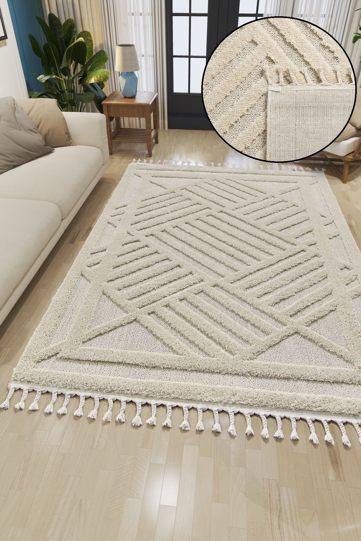 vinosahome Bukleli Yumuşak Peluş Post Shaggy Halı Bej Oturma Odası Salon Mutfak Halısı Yolluk Kilim