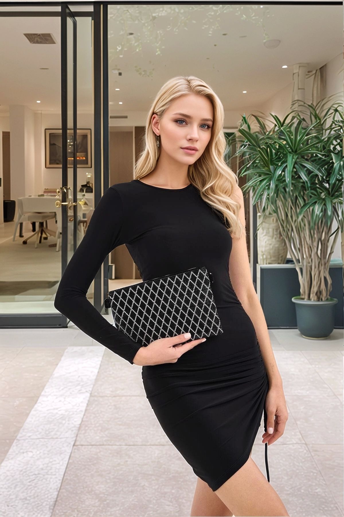 PayBuy Gece Davetleri İçin Damla Taş Detaylı Zincir Askılı Şık Clutch El ve Omuz Çantası