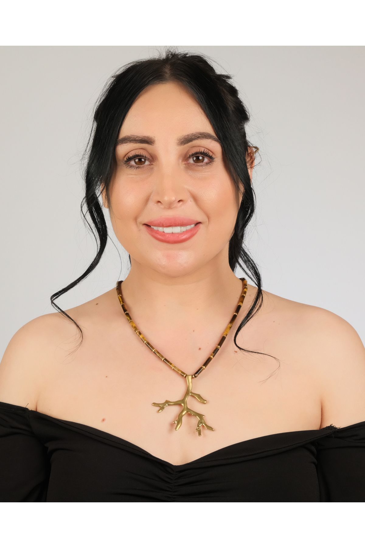 polimooi El Yapımı Kaplan Gözü Silindir Boncuklu Bronz Dal Kolye – Boho Vintage Statement