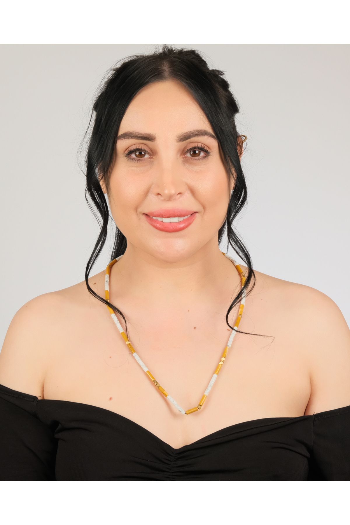 polimooi El Yapımı Akik & Howlite Silindir Boncuklu Bronz Detaylı Kolye – Boho Vintage Statement