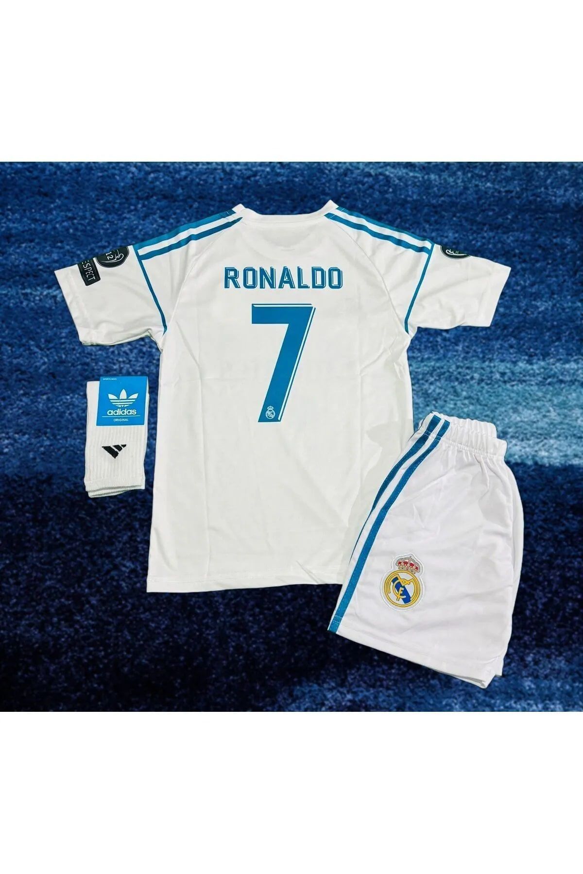 yenteks 2017/18 Sezon Beyaz Şampiyonlar Ligi Ronaldo Real.Madrid. Çocuk Forması 4lü Set Çorap+Biliklik