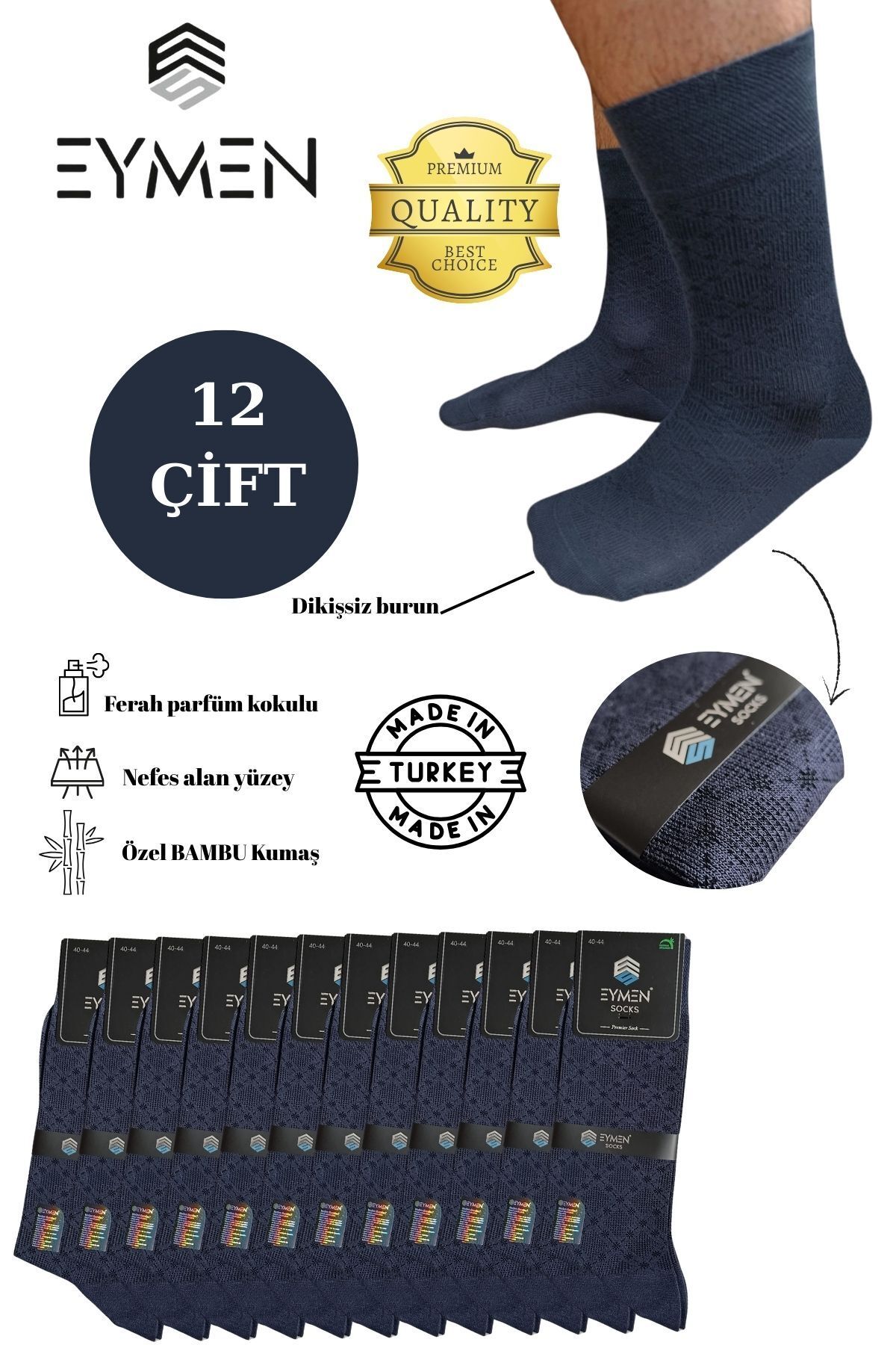 Eymen Socks 12'li Bambu Erkek Soket Çorap Tek Renk Füme - Premium ,dikişsiz, Baklava Desen, Hediye Kutulu