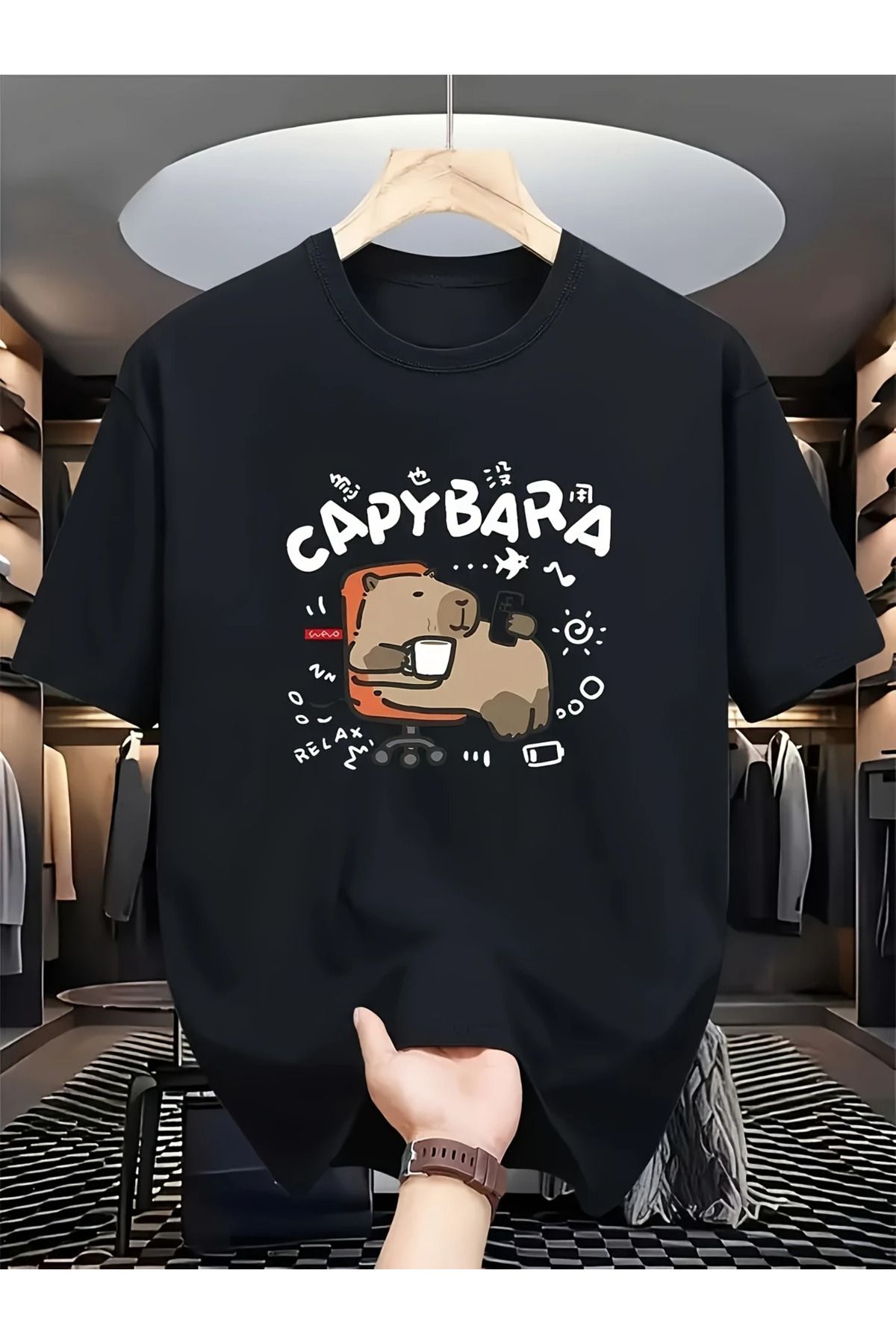 LUNAVISTA Erkek Günlük Kapibara Baskılı Tişört - Siyah, Yumuşak Polyester Karışımı, Yuvarlak Yaka, Kısa Kollu