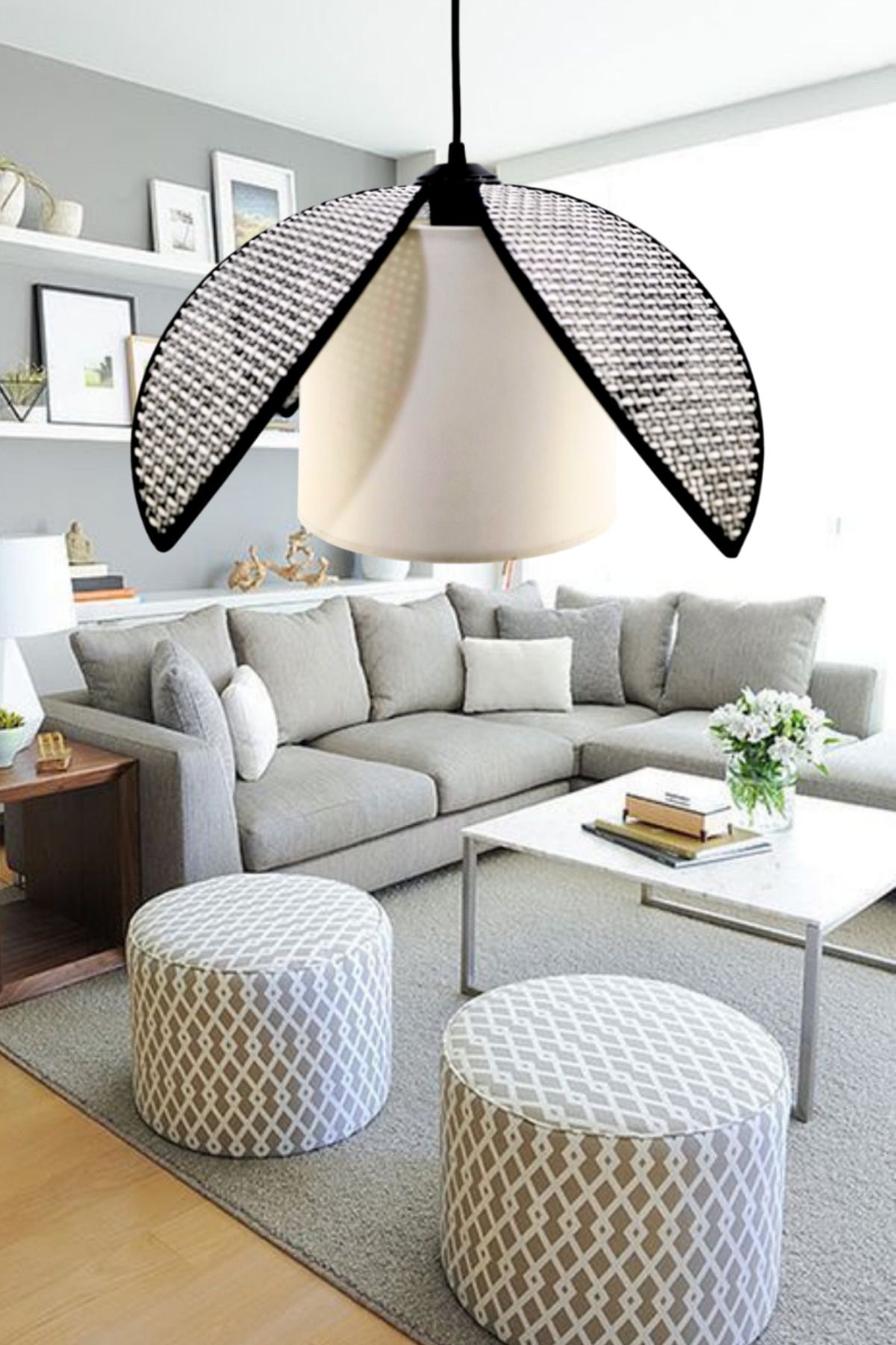 Decodelight Hasır Hazeran Rattan Palmiye Model Bohem Salon Oturma Odası Hol Cafe Restaurant Tekli Sarkıt Avize