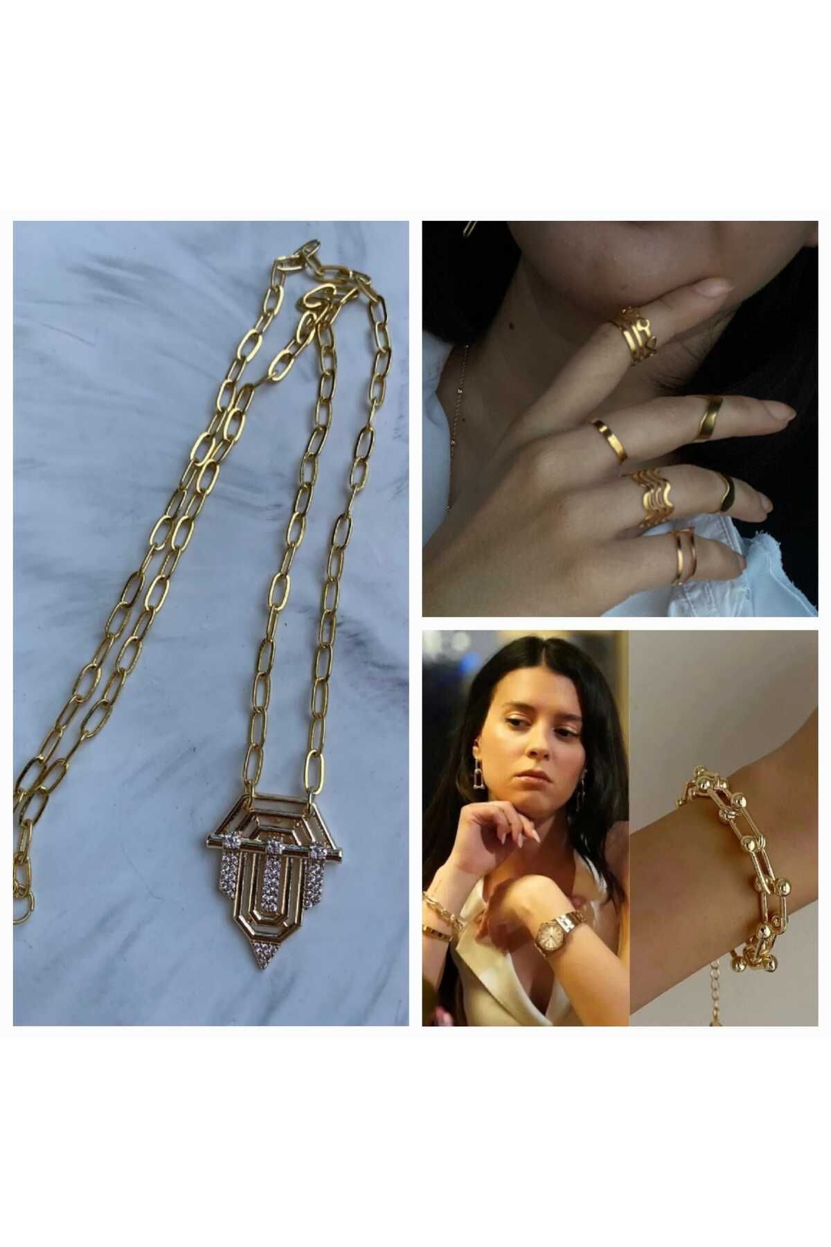 TERE STYLE Seranay Kolye+10 lu Kombin Yuzuk + Pelo Bileklik 3 lü Kadın Kombin Seti