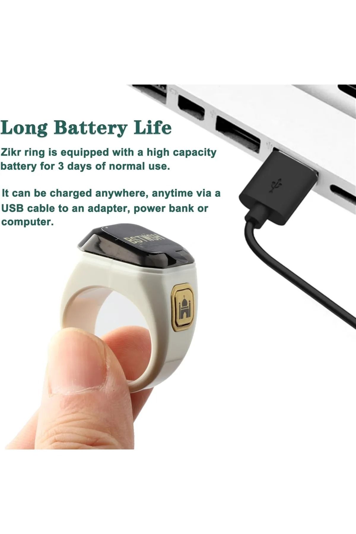 BSTWSH-Zikr Ring Smart Ring with Vibration Reminder Tasbih Counter and Bluetooth Connection (White) (20mm) 3