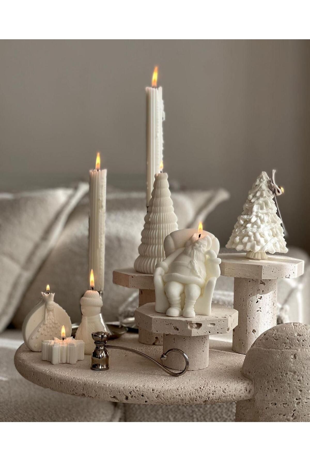 SCA CANDLE Dekoratif mum Çam ağaç 2 adet +noel baba 2 Adet+çizgili mum 2 Adet+kar tanesi toplam 7 parça