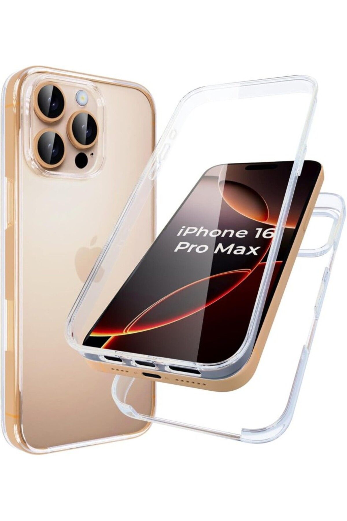 TezMax Apple iPhone 16 Pro Max Uyumlu 360° Ön Arka Tam Koruyucu Şeffaf Silikon Full Body Kılıf