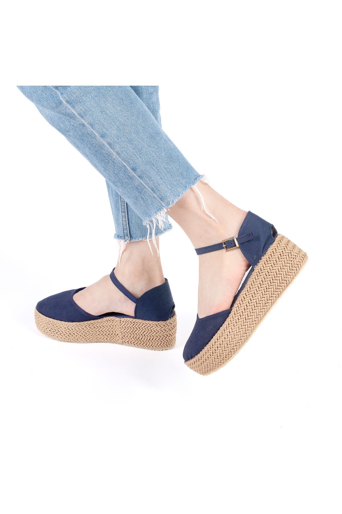 Star Tombis Gerçek Elişi Platformlu Poli Taban Espadril Dolgu Topuk Keten Espadril Handmade