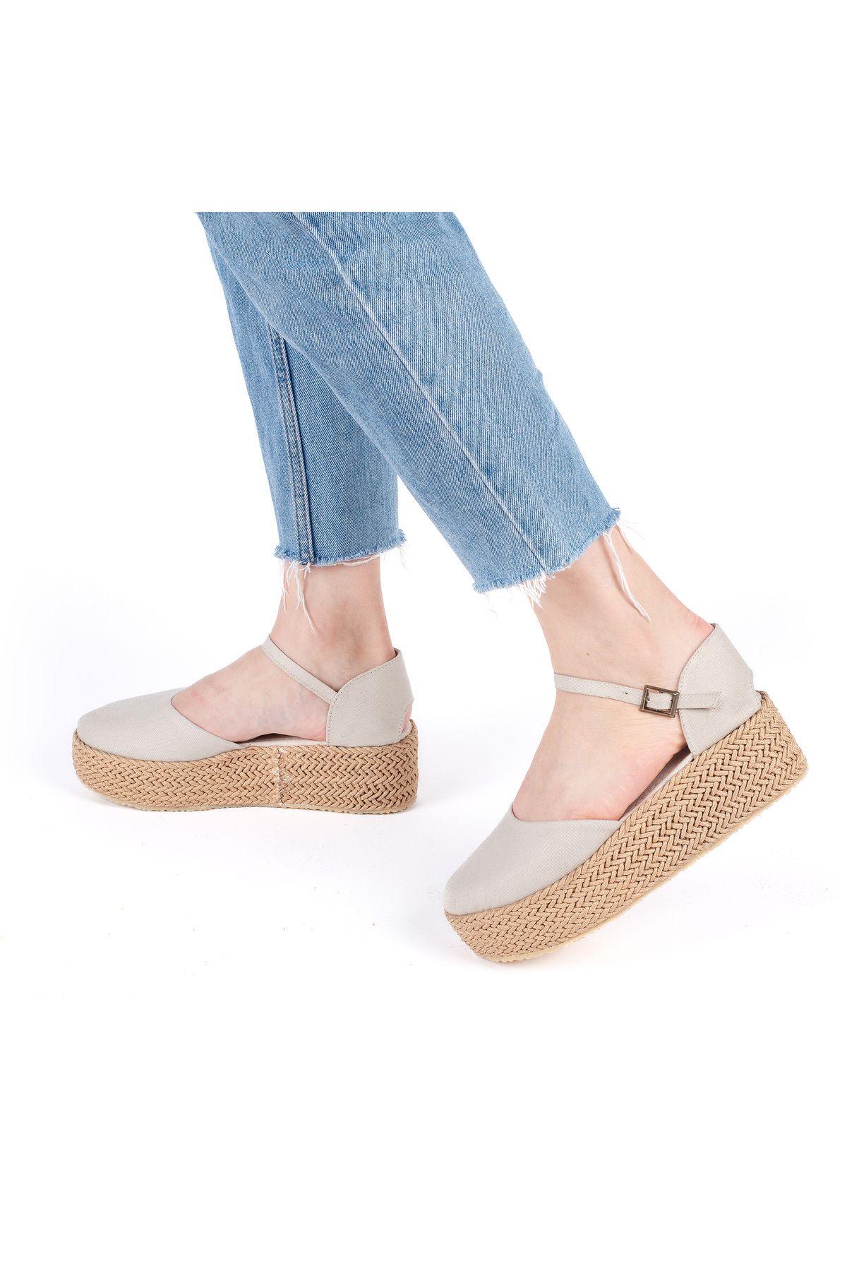 Star Tombis Gerçek Elişi Platformlu Poli Taban Espadril Dolgu Topuk Keten Espadril Handmade