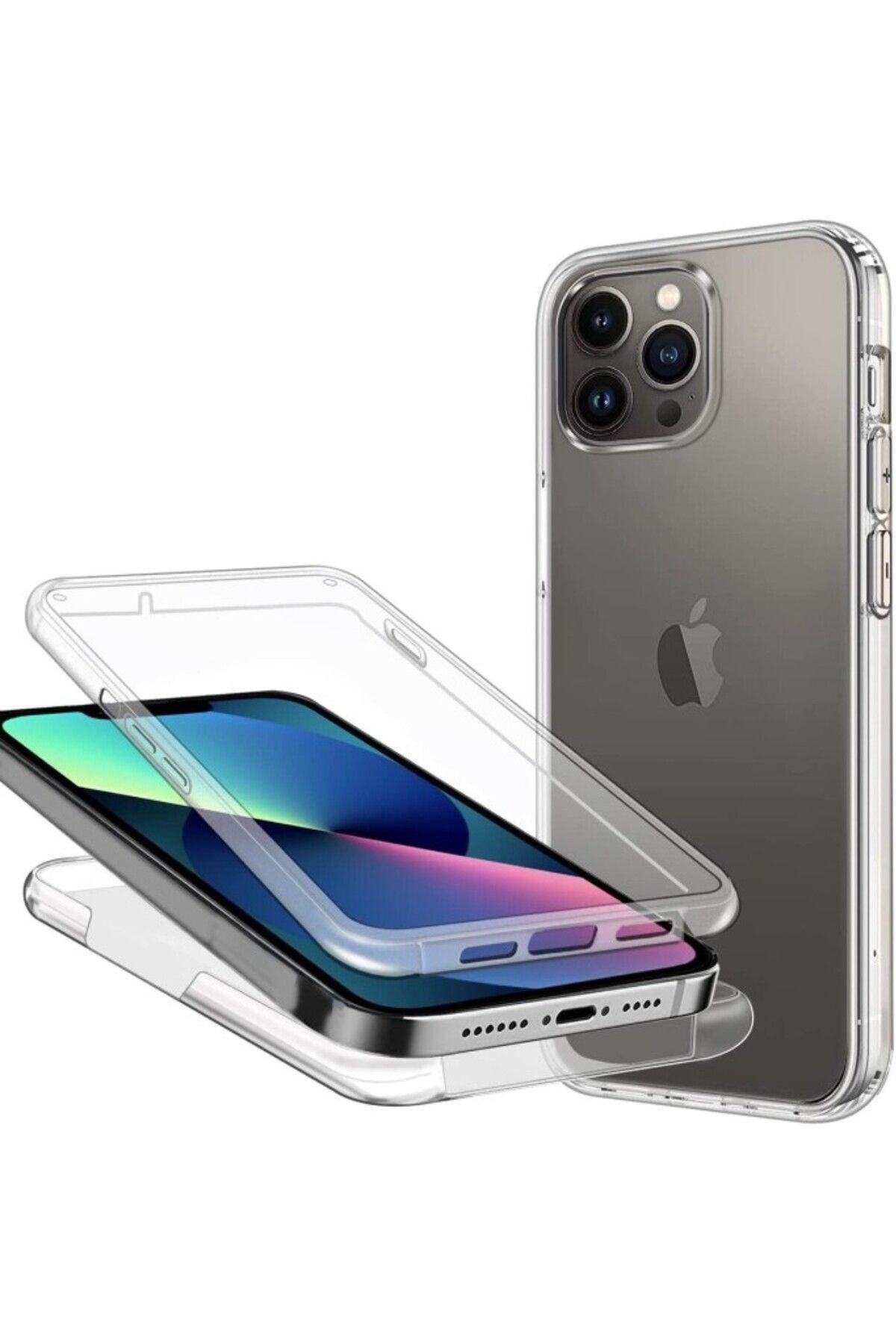 TezMax Apple iPhone 15 Pro Max Uyumlu 360° Ön Arka Tam Koruyucu Şeffaf Silikon Full Body Kılıf