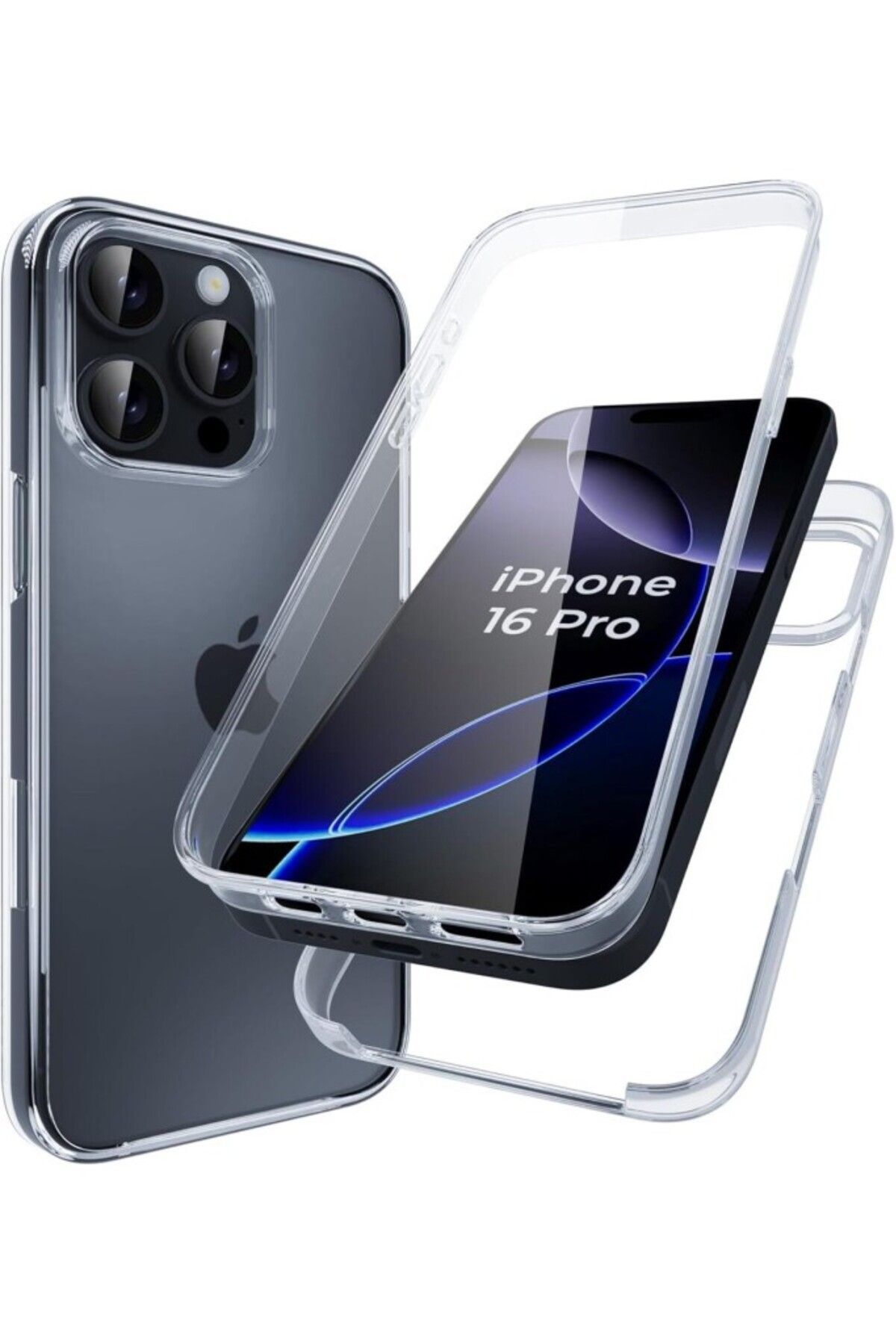 TezMax Apple iPhone 16 Pro Uyumlu 360° Ön Arka Tam Koruyucu Şeffaf Silikon Full Body Kılıf