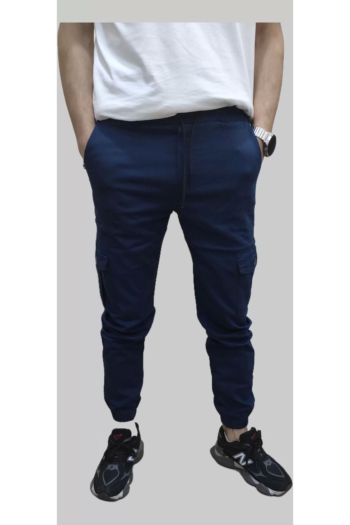 daniel milano Erkek Jogger Beli ve Paçası Lastikli Keten İndigo Kargo Pantolon