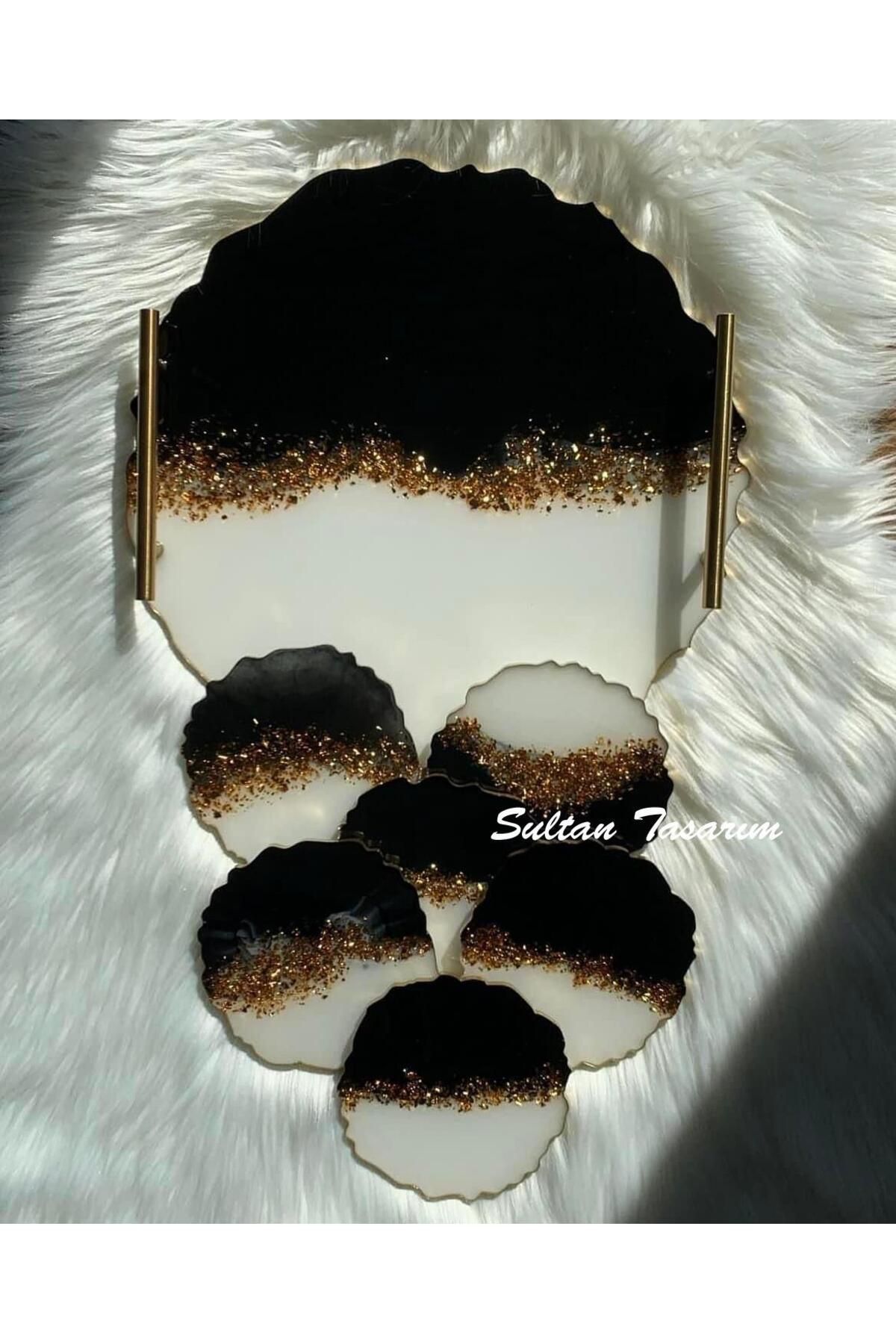 Sultan Tasarım Altın Varaklı Dikdörtgen Dalgalı Desenli Iki Kişilik Söz Nişan Damat Sunum Epoksi Tepsisi 18x28 Cm