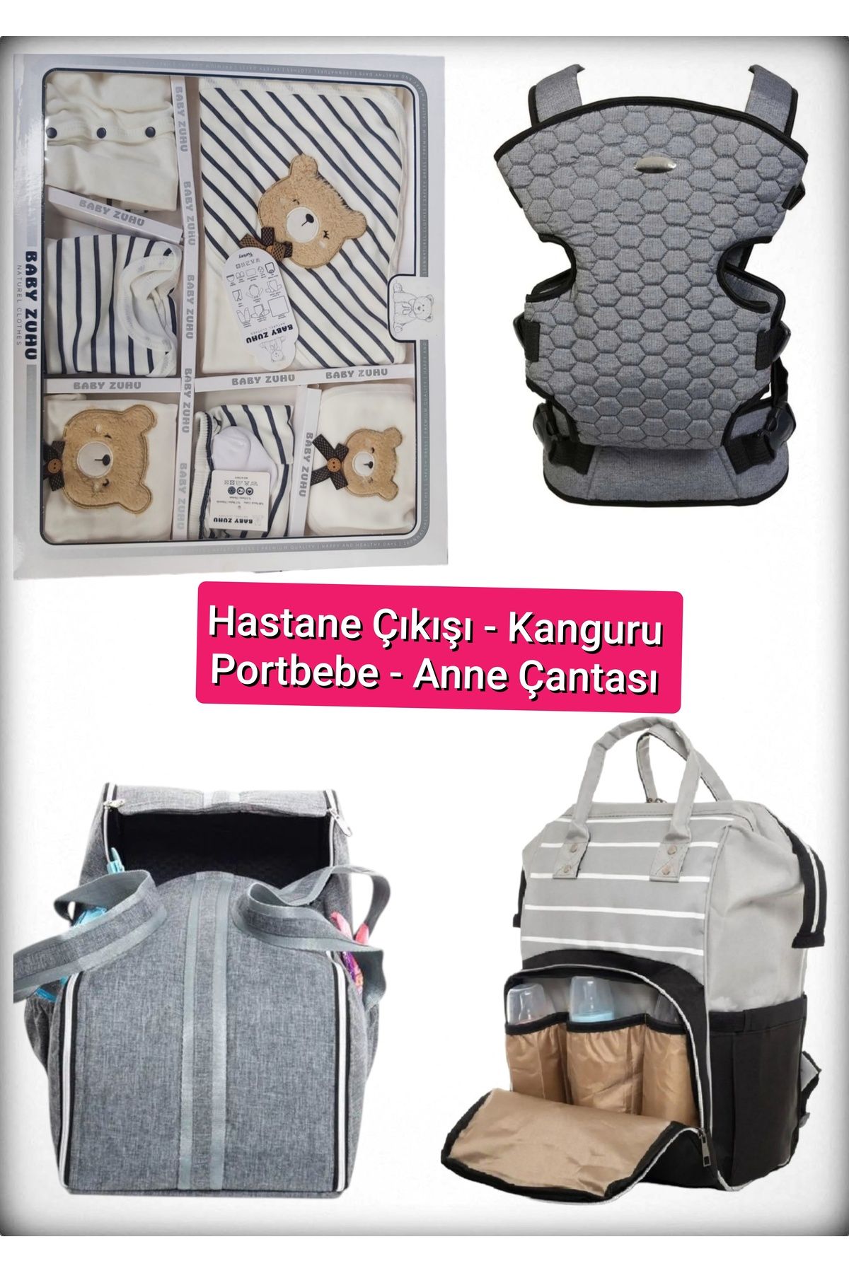 BABY ZUHU 4 Lü Doğum Seti 11 Parça Hastane Çıkışlı Portbebeli Kangurulu ve Anne Bebek Bakım Çantalı