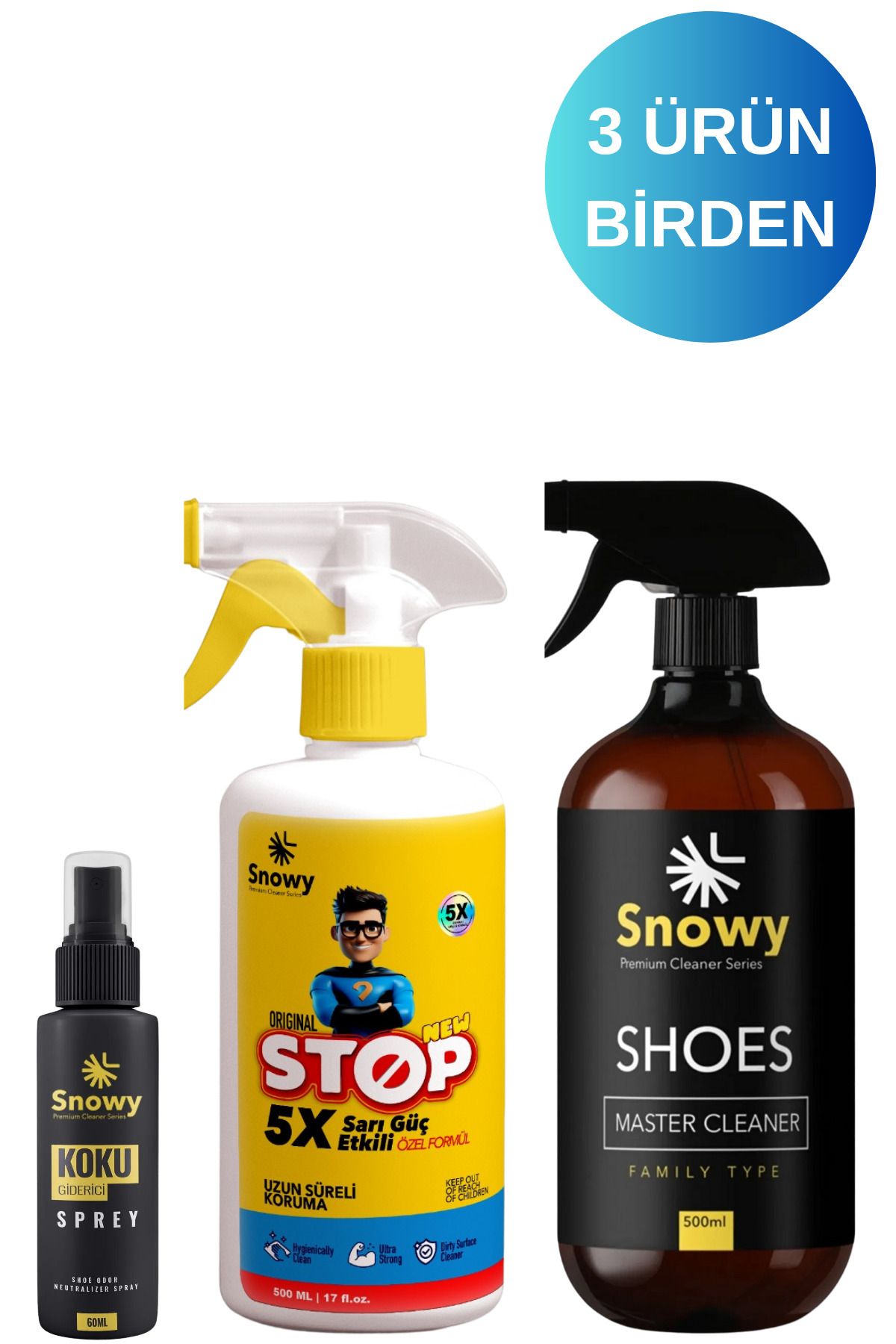 Snowy AYAK KOKU GİDERİCİ&STOP SARI GÜÇ 500ML&AYAKKABI TEMİZLEYİCİ 500ML