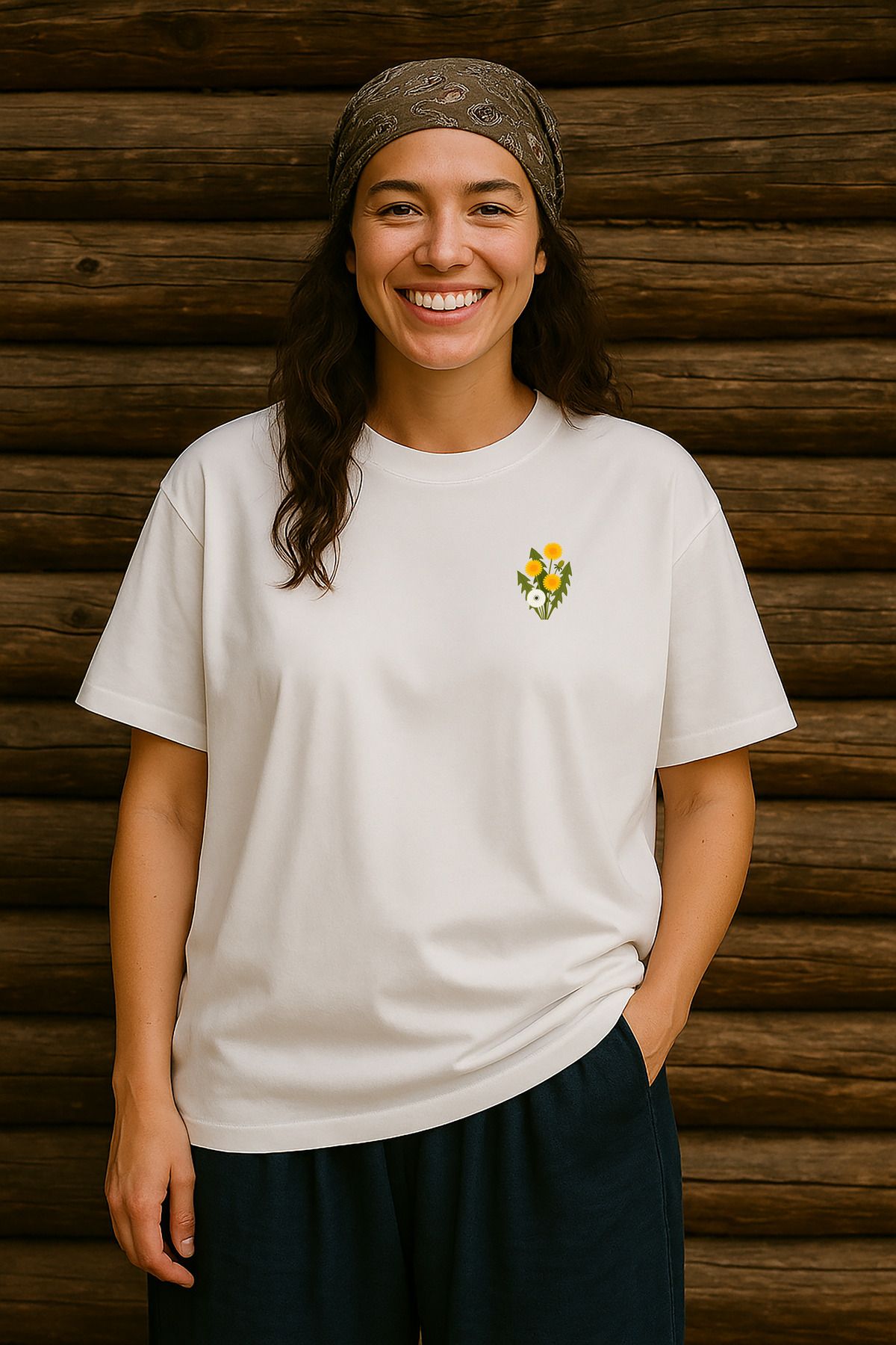 wolka Karahindiba Baskılı Unisex %100 Pamuk Oversize Bisiklet Yaka Beyaz T-shirt