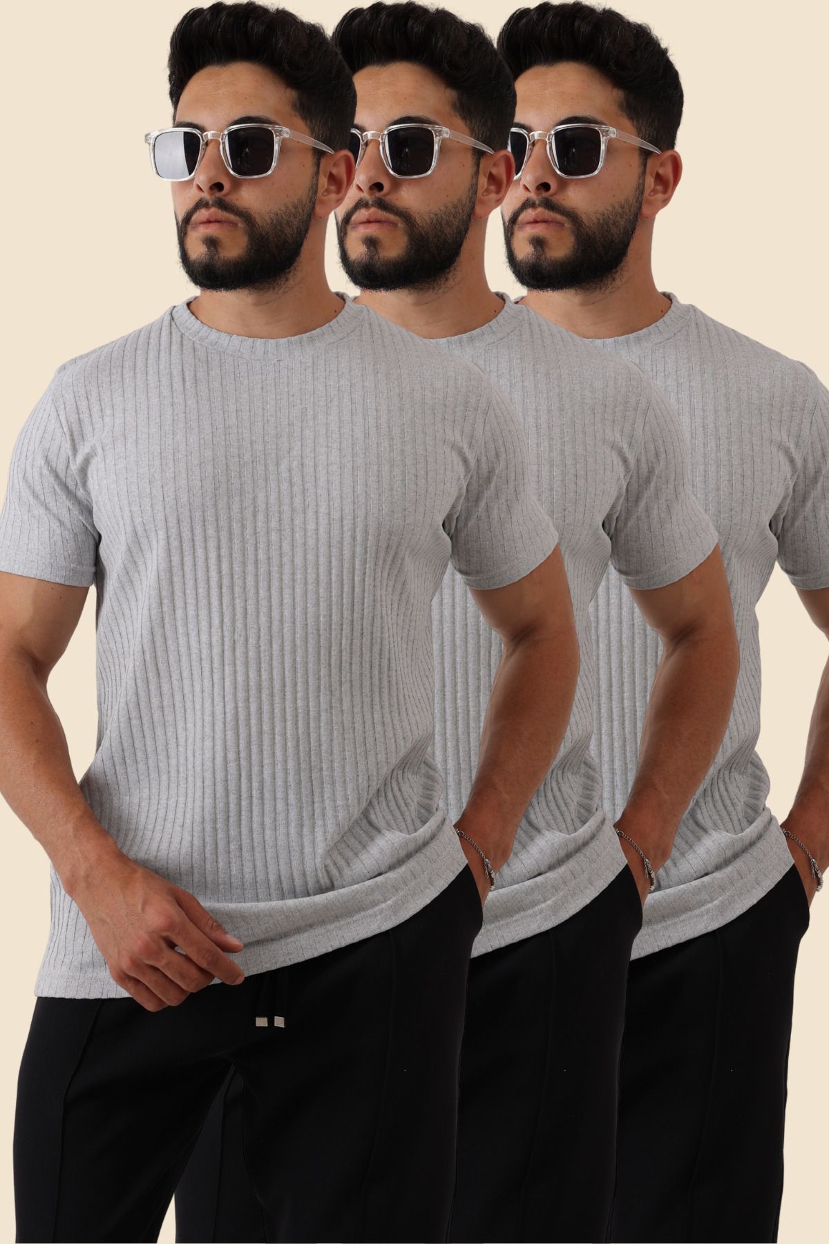 querancia 3'Lü Erkek Fitilli Zinox Kumaş Tshirt– Yumuşak Dokulu Kısa Kol Basic Tshirt
