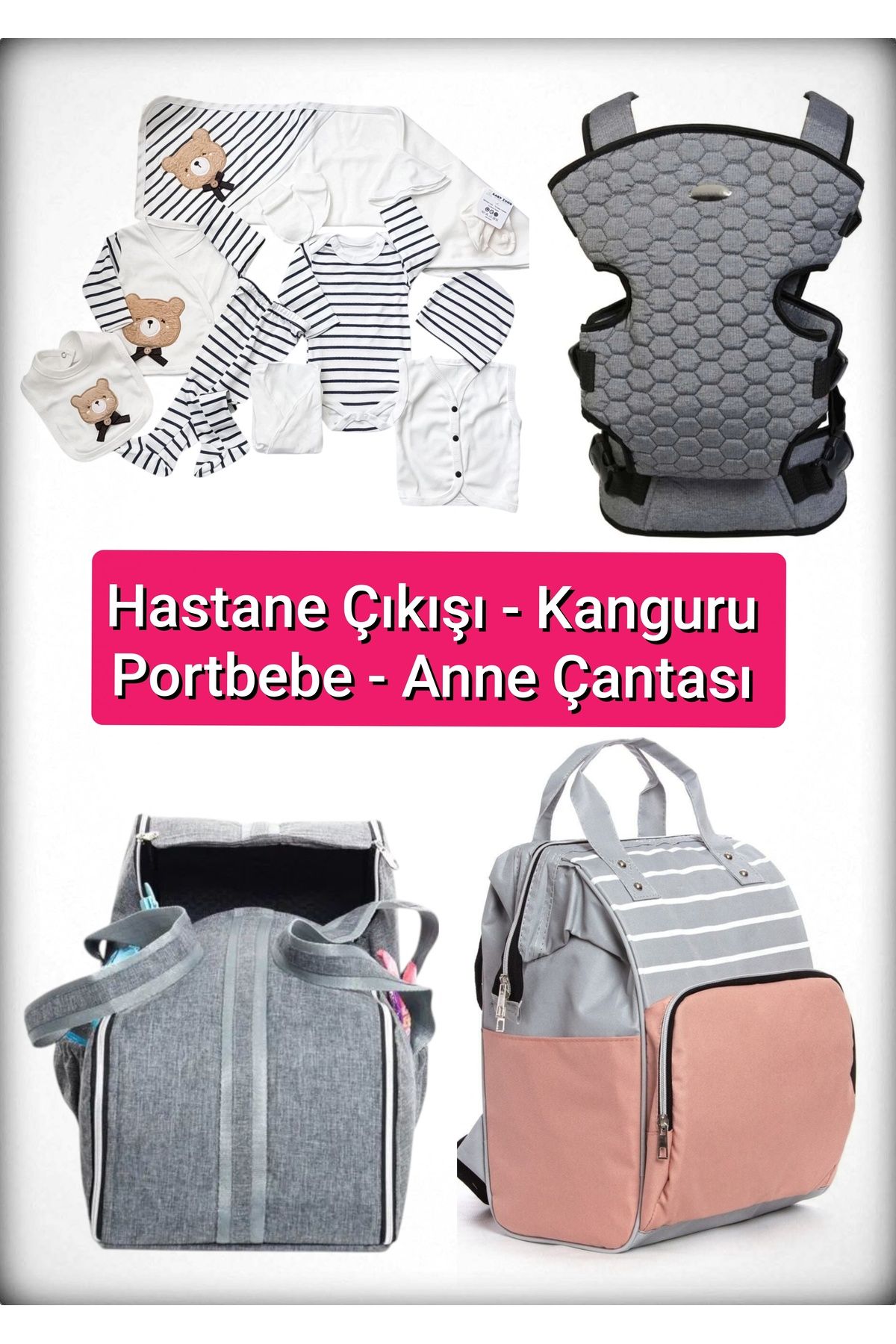 BABY ZUHU 4 Lü Doğum Seti 11 Parça Hastane Çıkışlı Portbebeli Kangurulu ve Anne Bebek Bakım Çantalı
