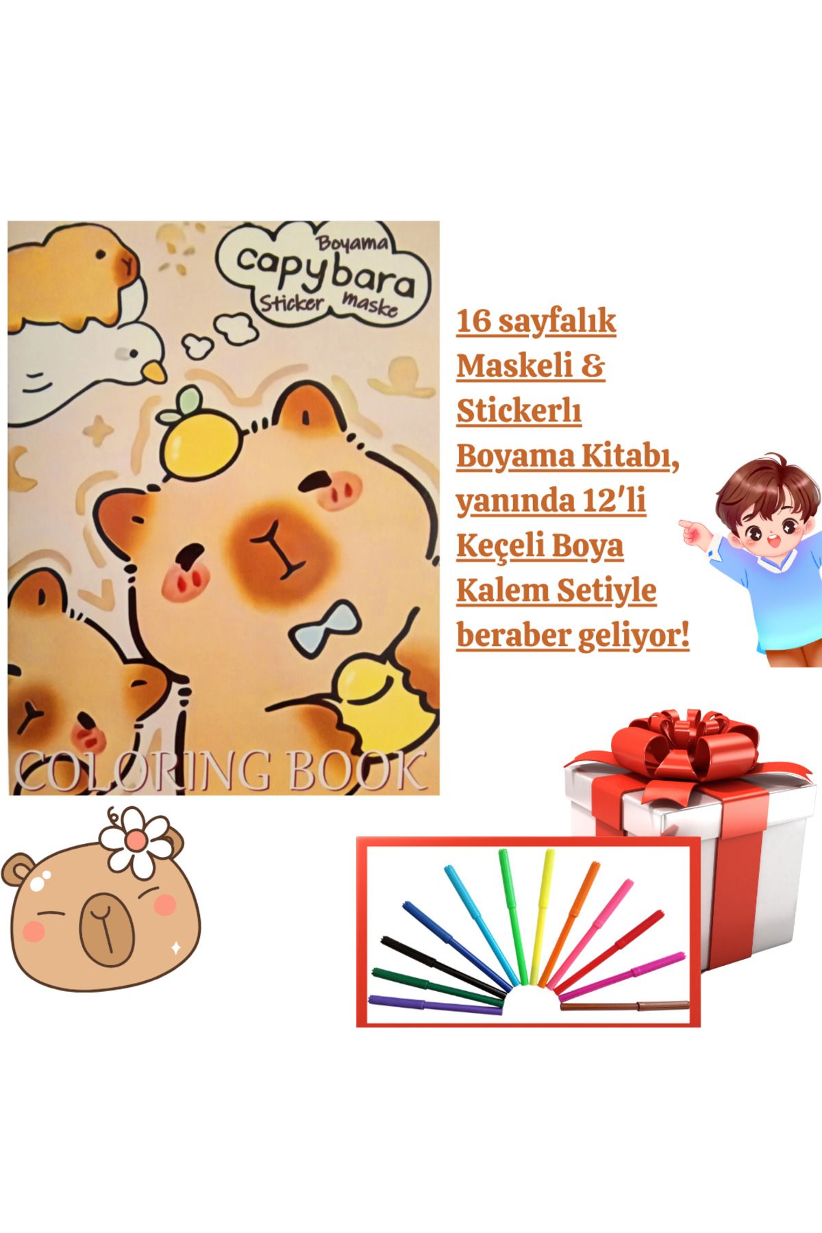 booddie Capybara Boyama Kitabı Stickerlı (arka Kapak Kesilerek Maskeli ) 12'li Keçeli Kalem Boya Seti