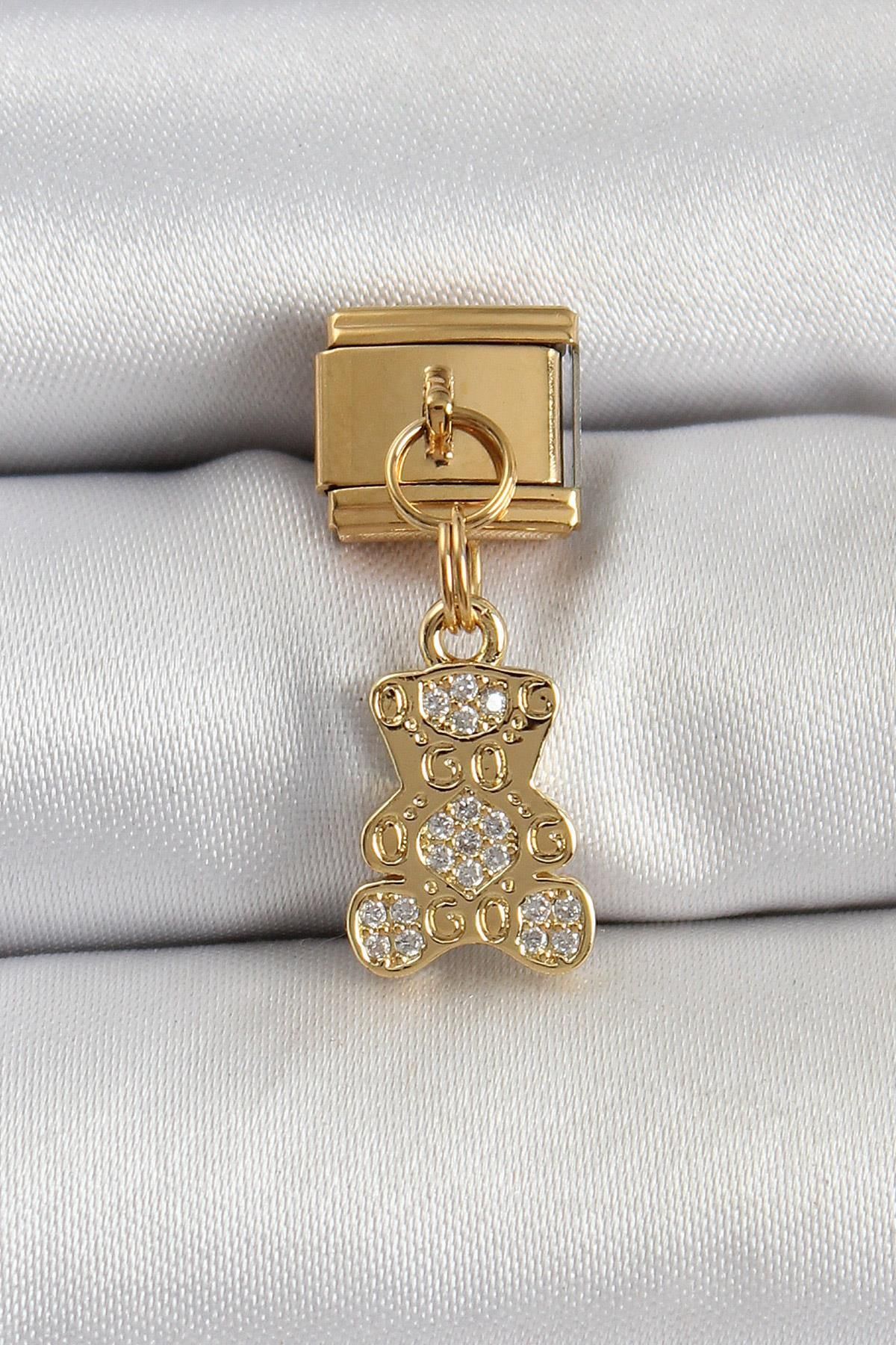 Celira Çelik Sallantılı Zirkon Taşlı Ayıcık Model Gold Renk Nomination Charm