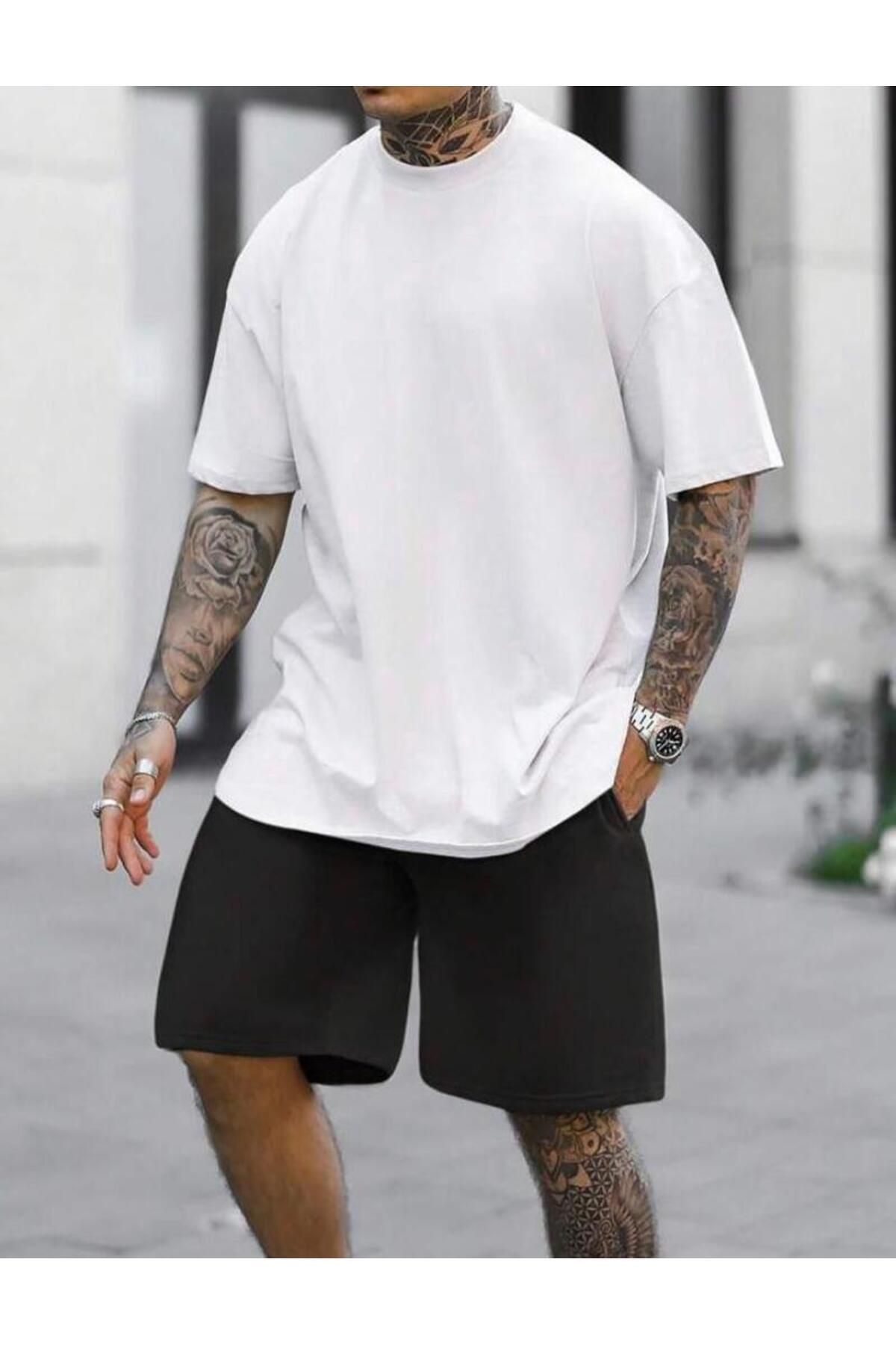 ModaSphere Unisex Oversize Bisiklet Yaka Alt Üst T-shirt Şortlu ikili Takım