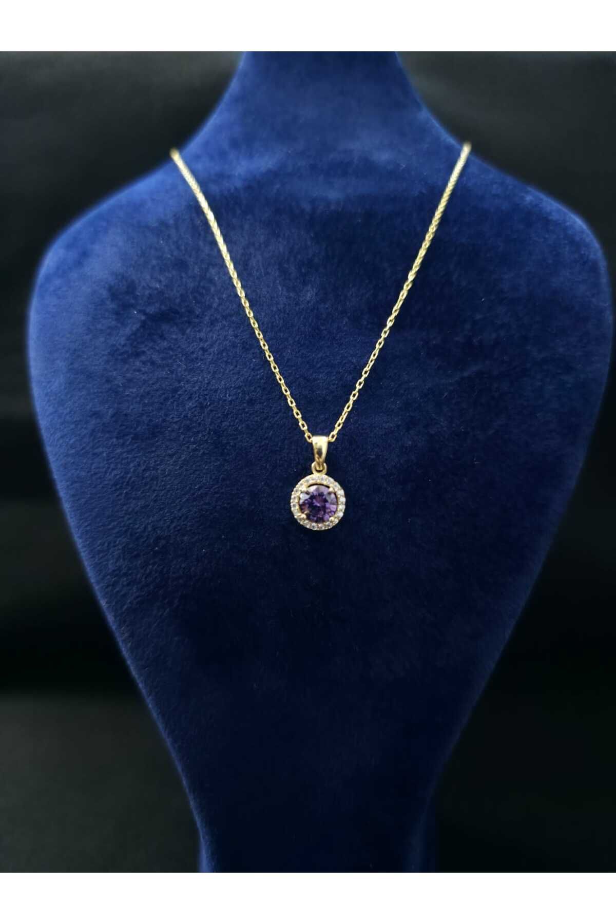 sarıyer silver Ametist Doğal Taşlı Altın Kaplama Zirkon Taş İşçilikli Şık Tasarım 925 Ayar Gümüş Kolye