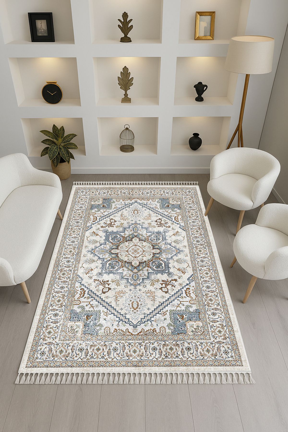 Rugs Modern Halı Leyla Koleksiyonu Bej Mavi Geleneksel Desenli Püskül Detaylı Dokuma Taban Dekoratif Halı leyla67