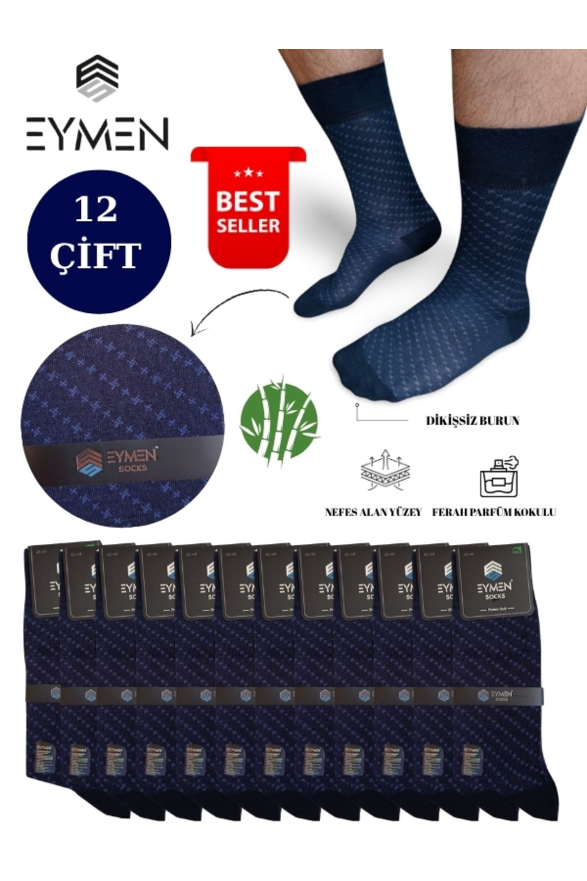 Eymen Socks 12'li Bambu Erkek Soket Çorap Tek Renk Lacivert - Premium ,dikişsiz, Çarpı Desen, Hediye Kutulu
