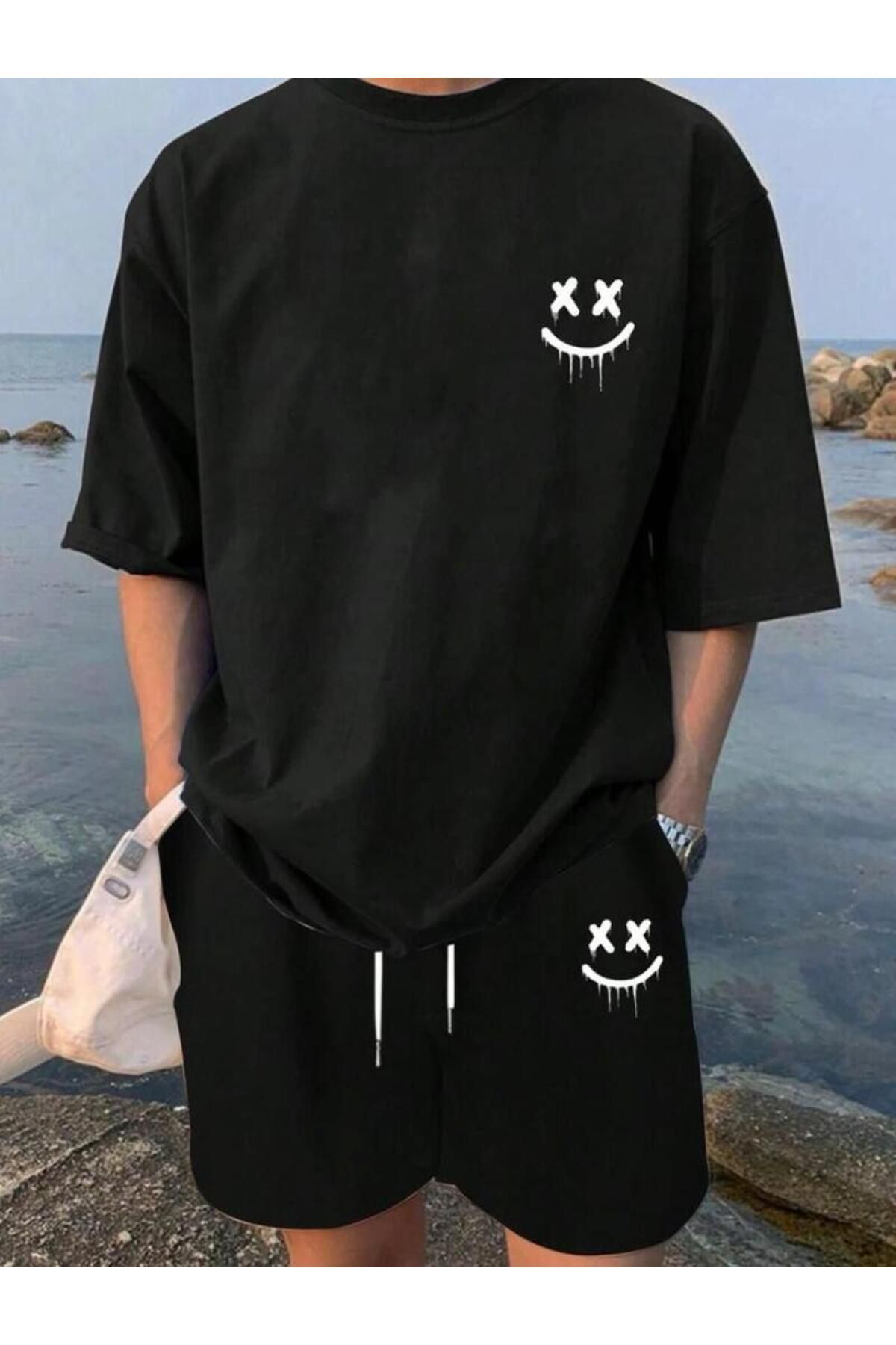 ModaSphere Unisex Oversize Bisiklet Yaka Alt Üst T-shirt Şortlu ikili Takım