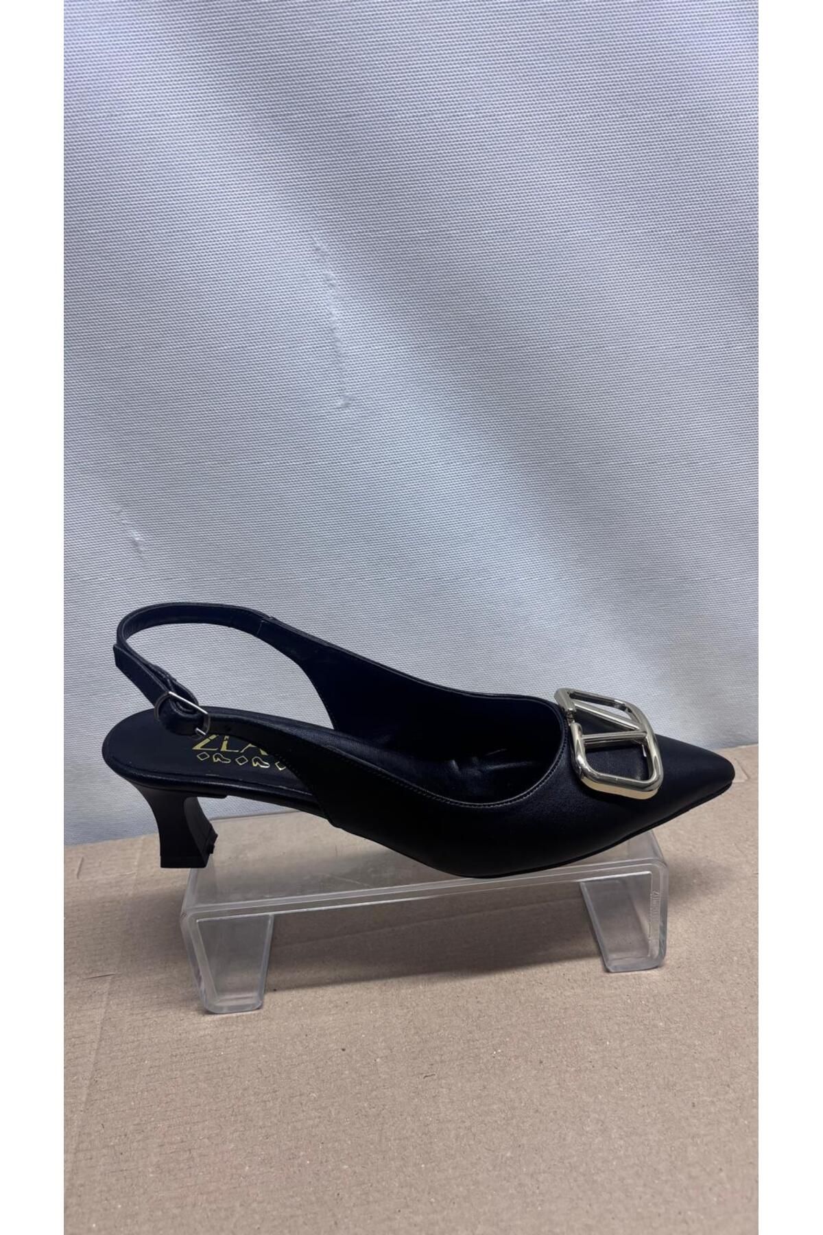 Zlato Kadın V Tokalı Topuklu Ayakkabı Siyah Arkası Açık Stiletto Günlük ve Özel Günler