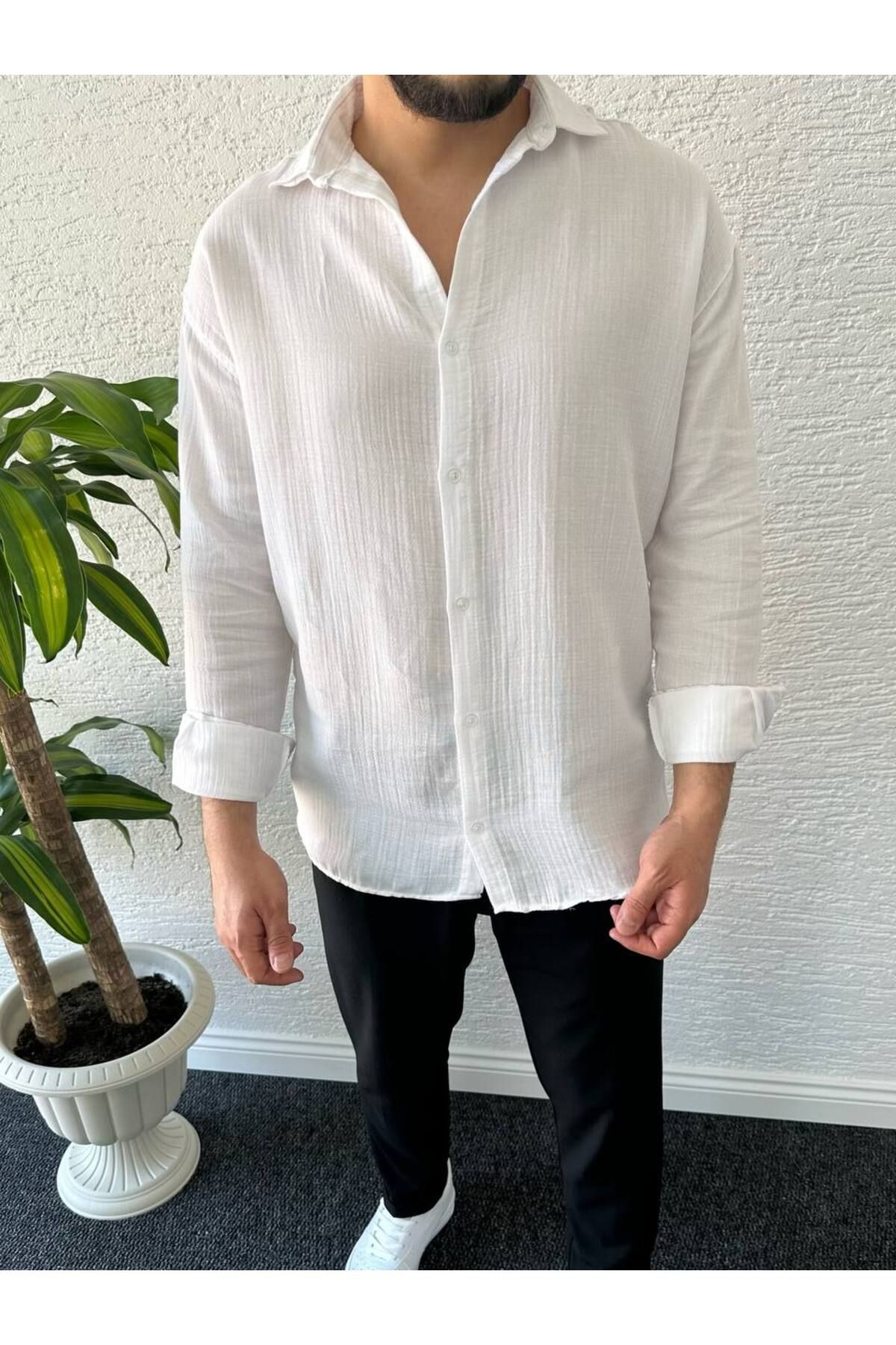 tetramoda Erkek Oversize Müslin Kumaş %100 Pamuk Uzun Kol Gömlek